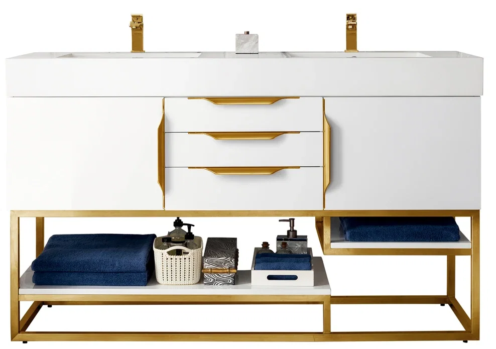Columbia 59" Double Vanity Cabinet, Glossy White, Radiant Gold