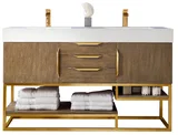 Columbia 59" Double Vanity, Latte Oak, Radiant Gold w/ Glossy White Composite Stone Top
