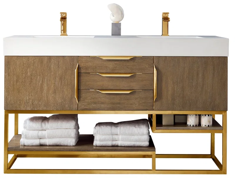 Columbia 59" Double Vanity, Latte Oak, Radiant Gold w/ Glossy White Composite Stone Top
