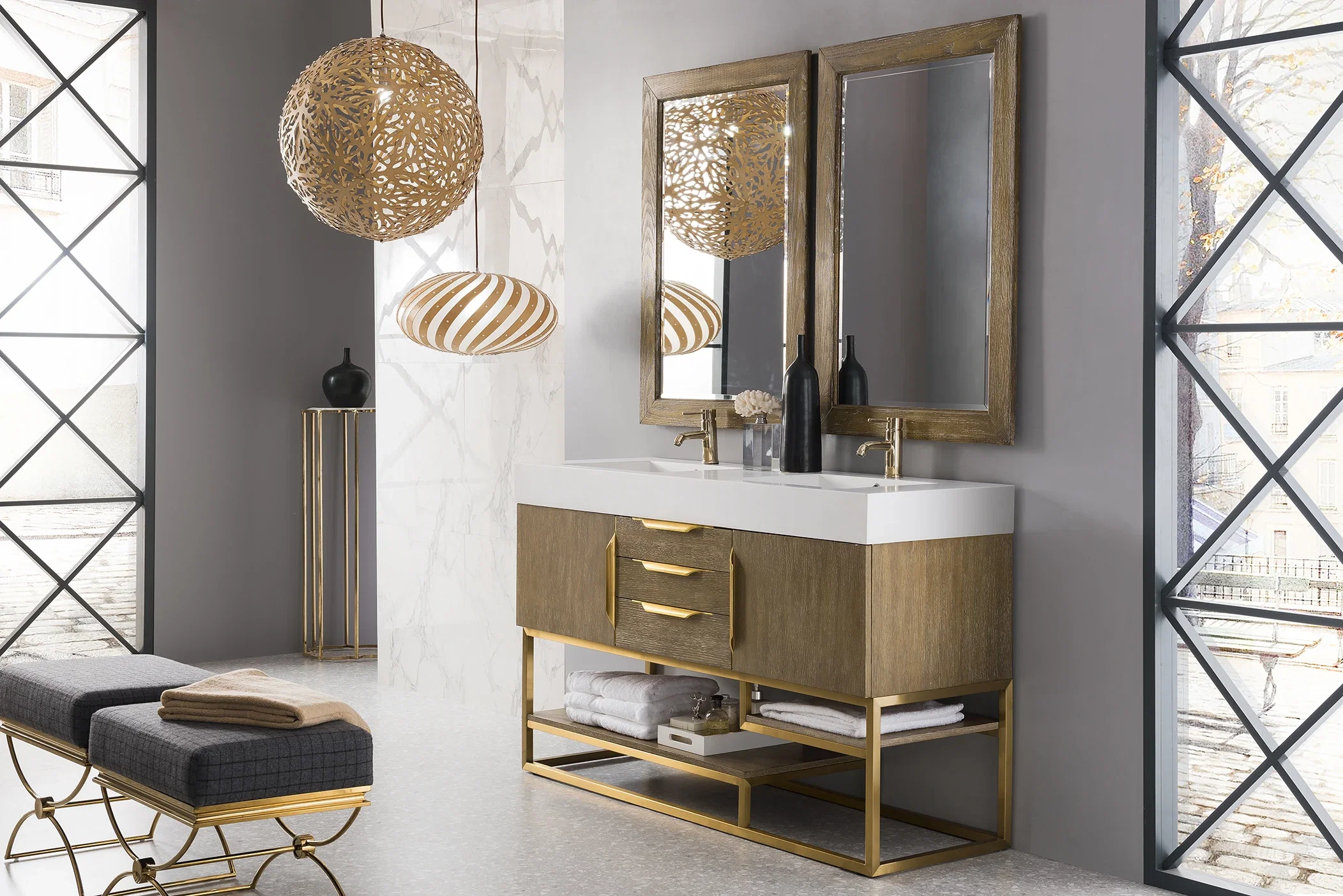 Columbia 59" Double Vanity, Latte Oak, Radiant Gold w/ Glossy White Composite Stone Top