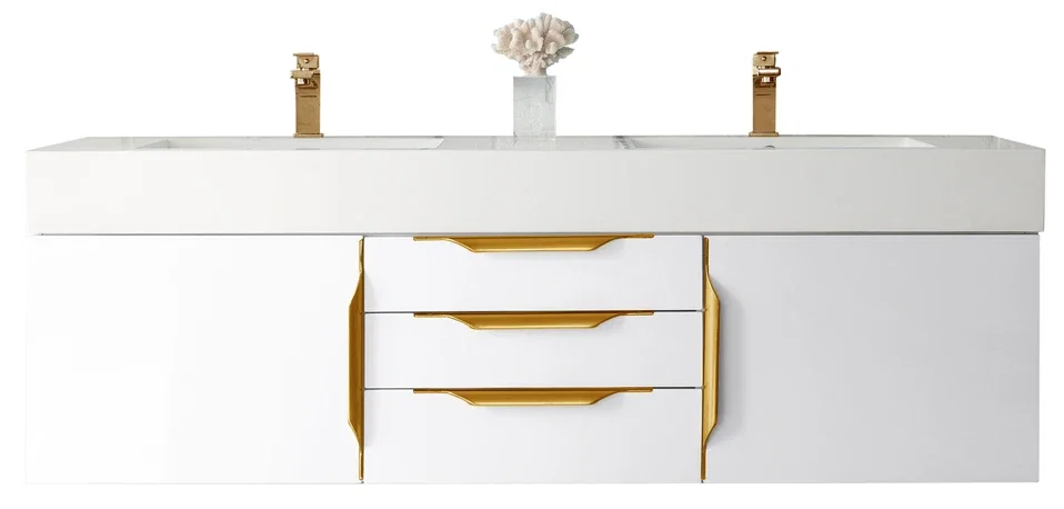 Columbia 59" Double Wall Mount Vanity, Glossy White, Radiant Gold w/ Glossy White Composite Stone Top
