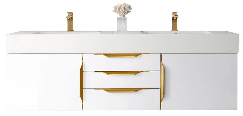 Columbia 59" Double Wall Mount Vanity, Glossy White, Radiant Gold w/ Glossy White Composite Stone Top