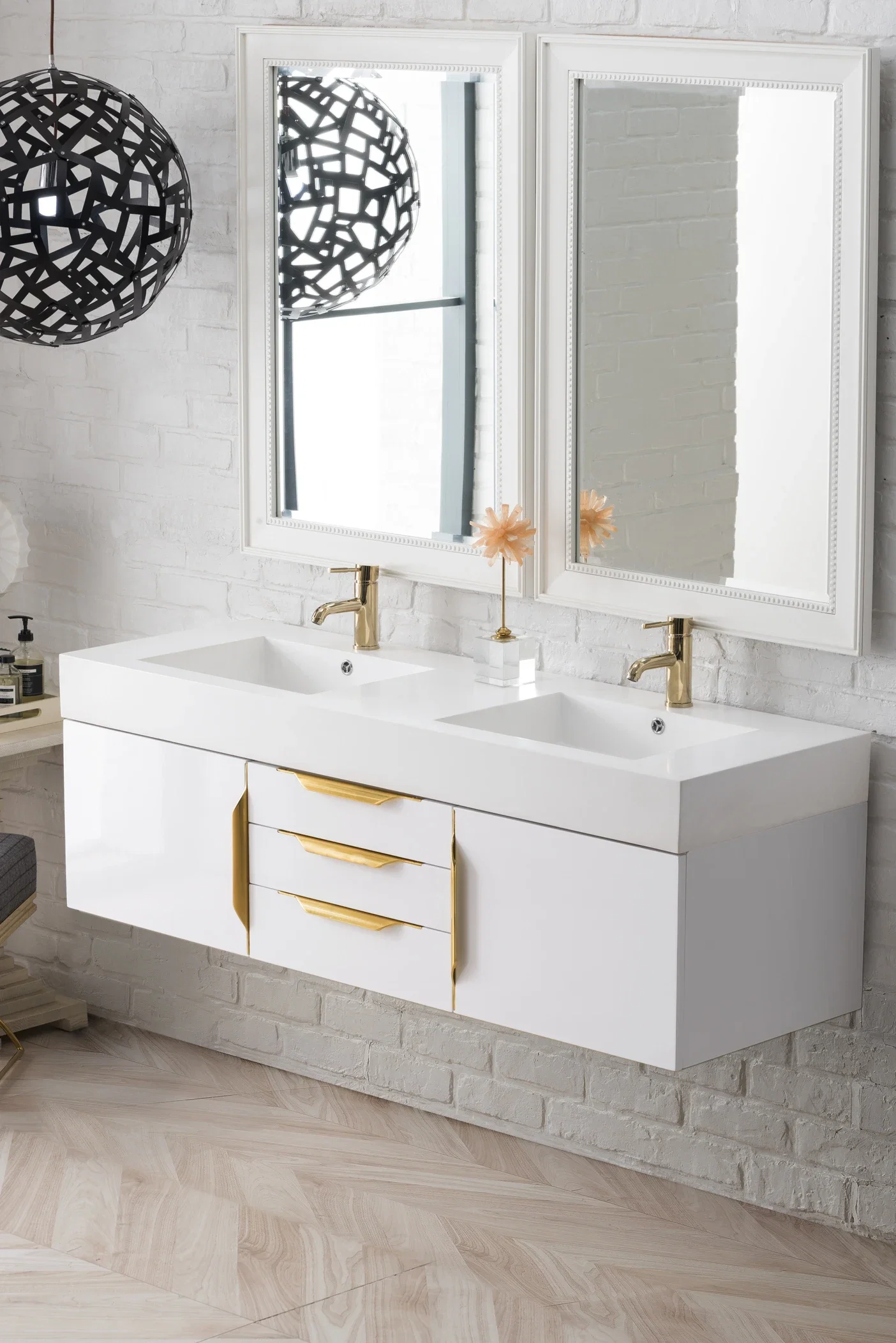 Columbia 59" Double Wall Mount Vanity, Glossy White, Radiant Gold w/ Glossy White Composite Stone Top