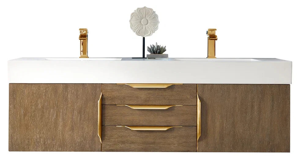 Columbia 59" Double Wall Mount Vanity, Latte Oak, Radiant Gold w/ Glossy White Composite Stone Top