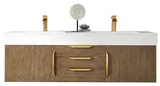 Columbia 59" Double Wall Mount Vanity, Latte Oak, Radiant Gold w/ Glossy White Composite Stone Top