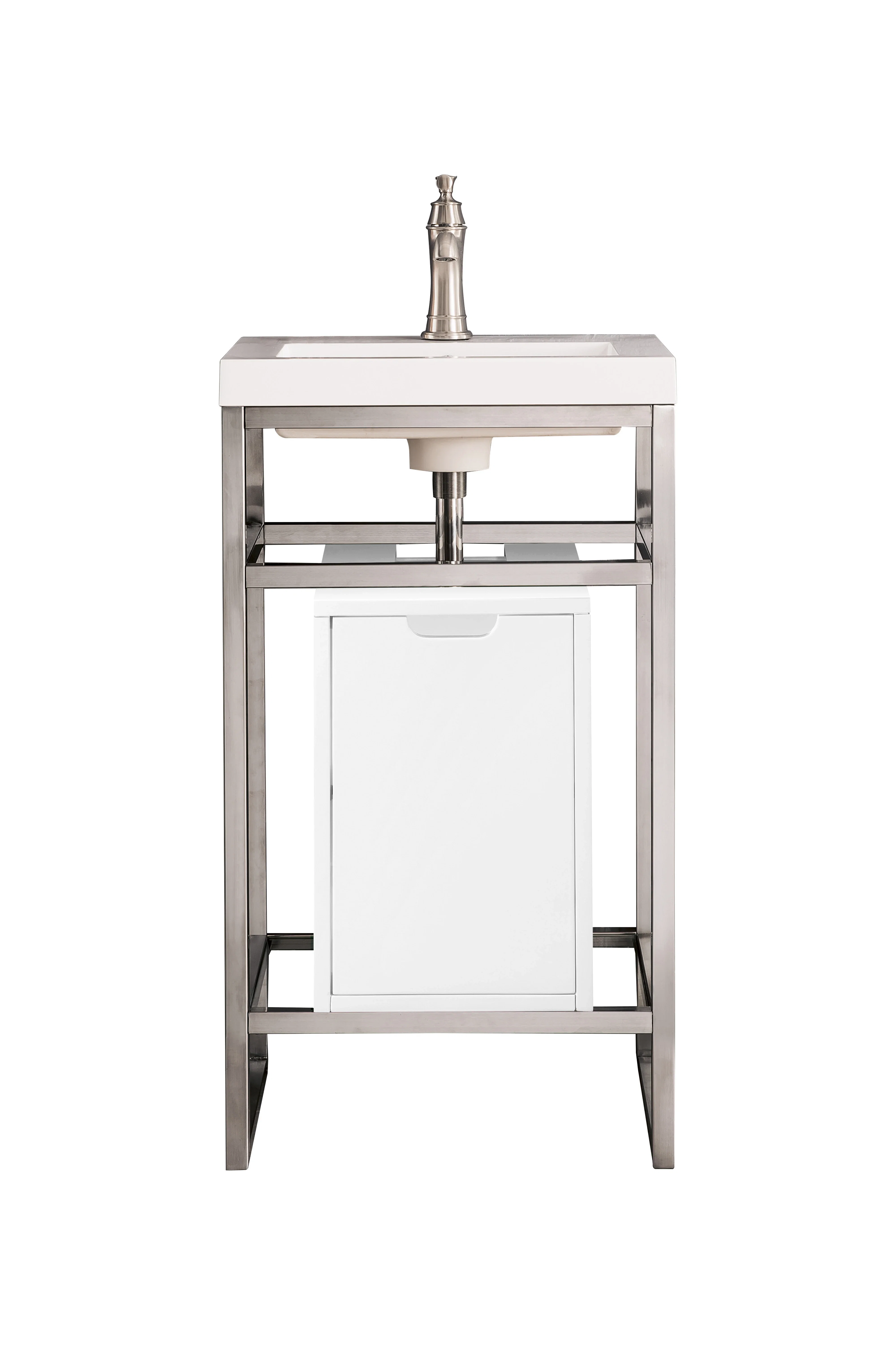 Boston 20" Single Console Vanity, Brushed Nickel, Glossy White Storage, White Glossy Composite Stone