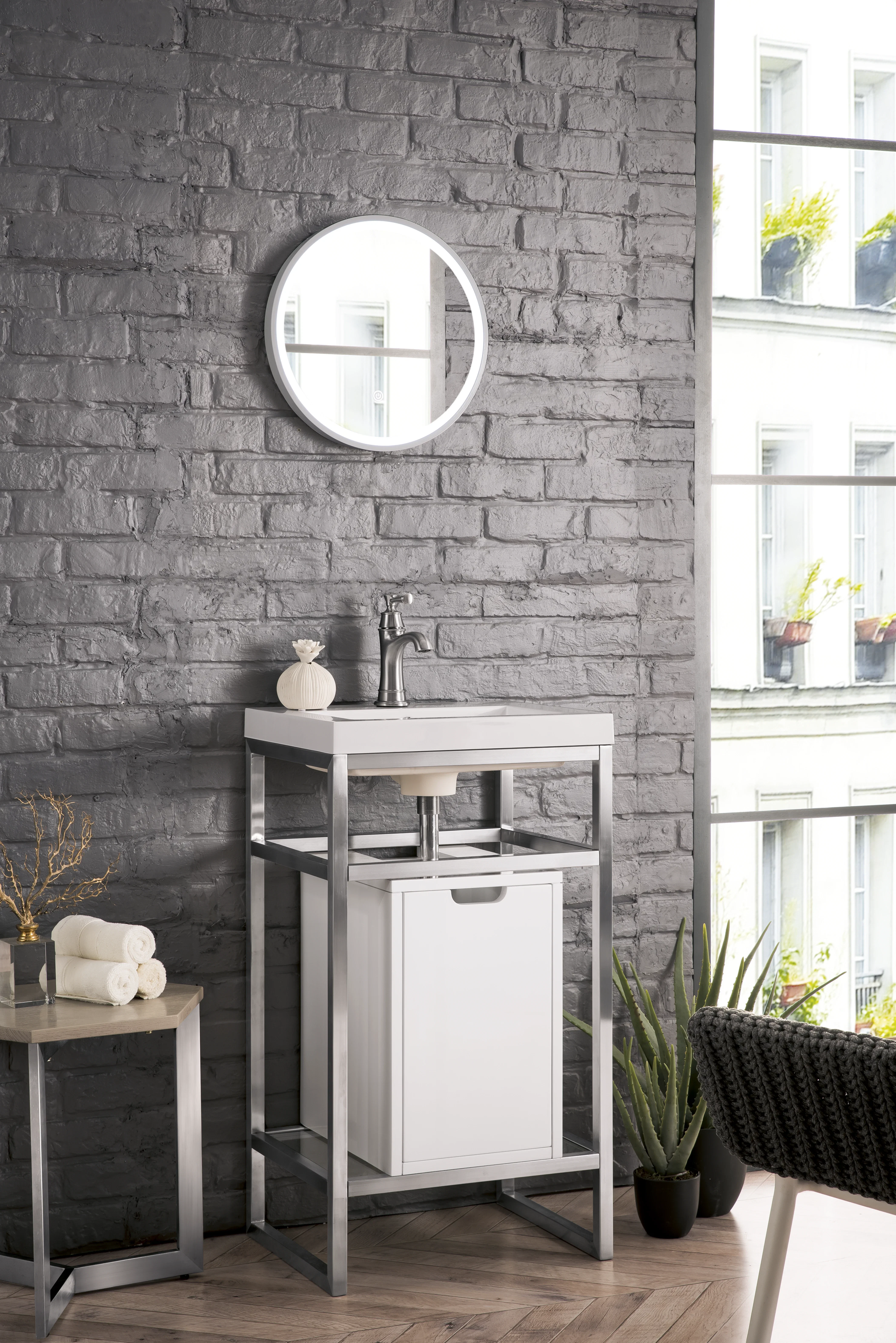 Boston 20" Single Console Vanity, Brushed Nickel, Glossy White Storage, White Glossy Composite Stone