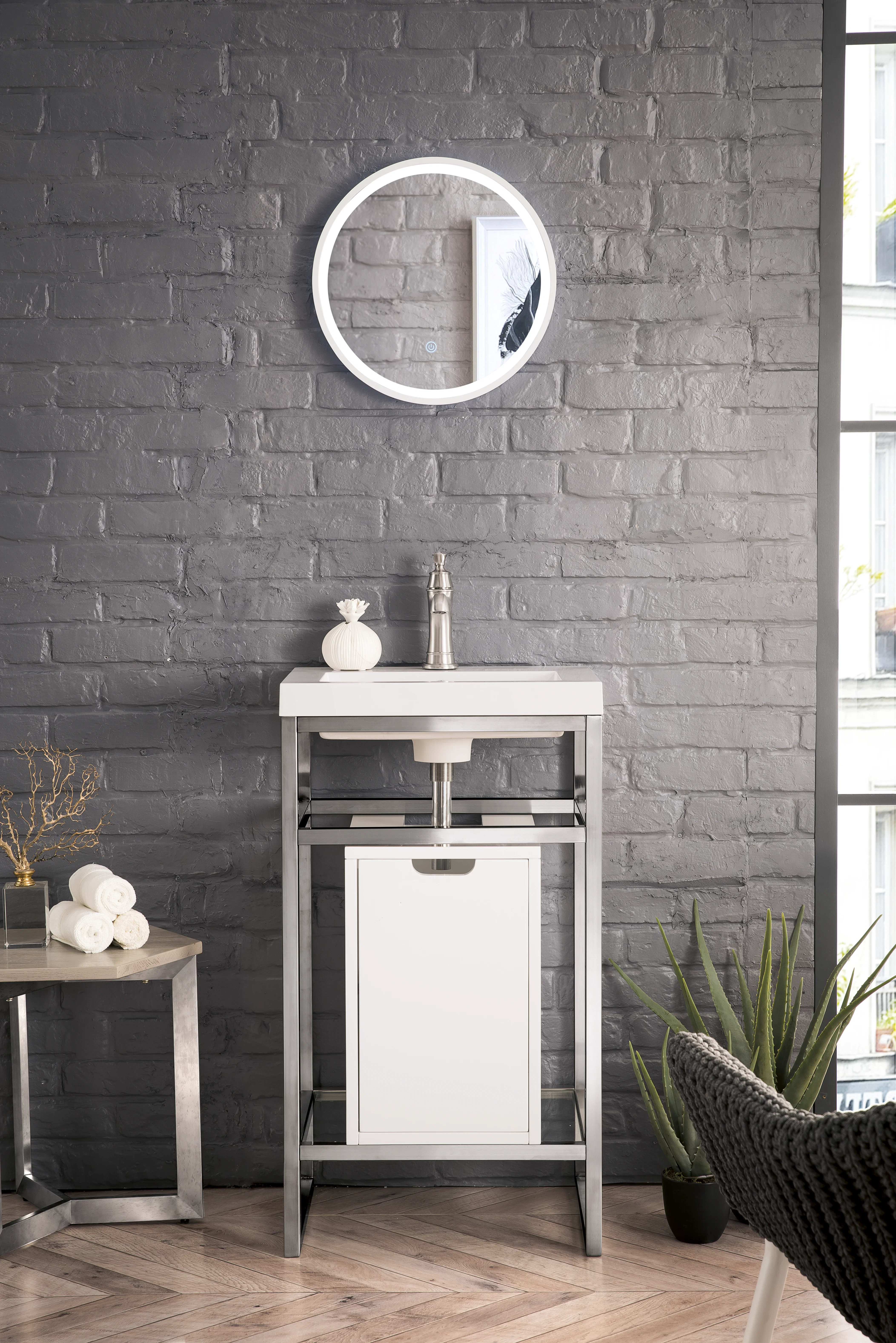 Boston 20" Single Console Vanity, Brushed Nickel, Glossy White Storage, White Glossy Composite Stone