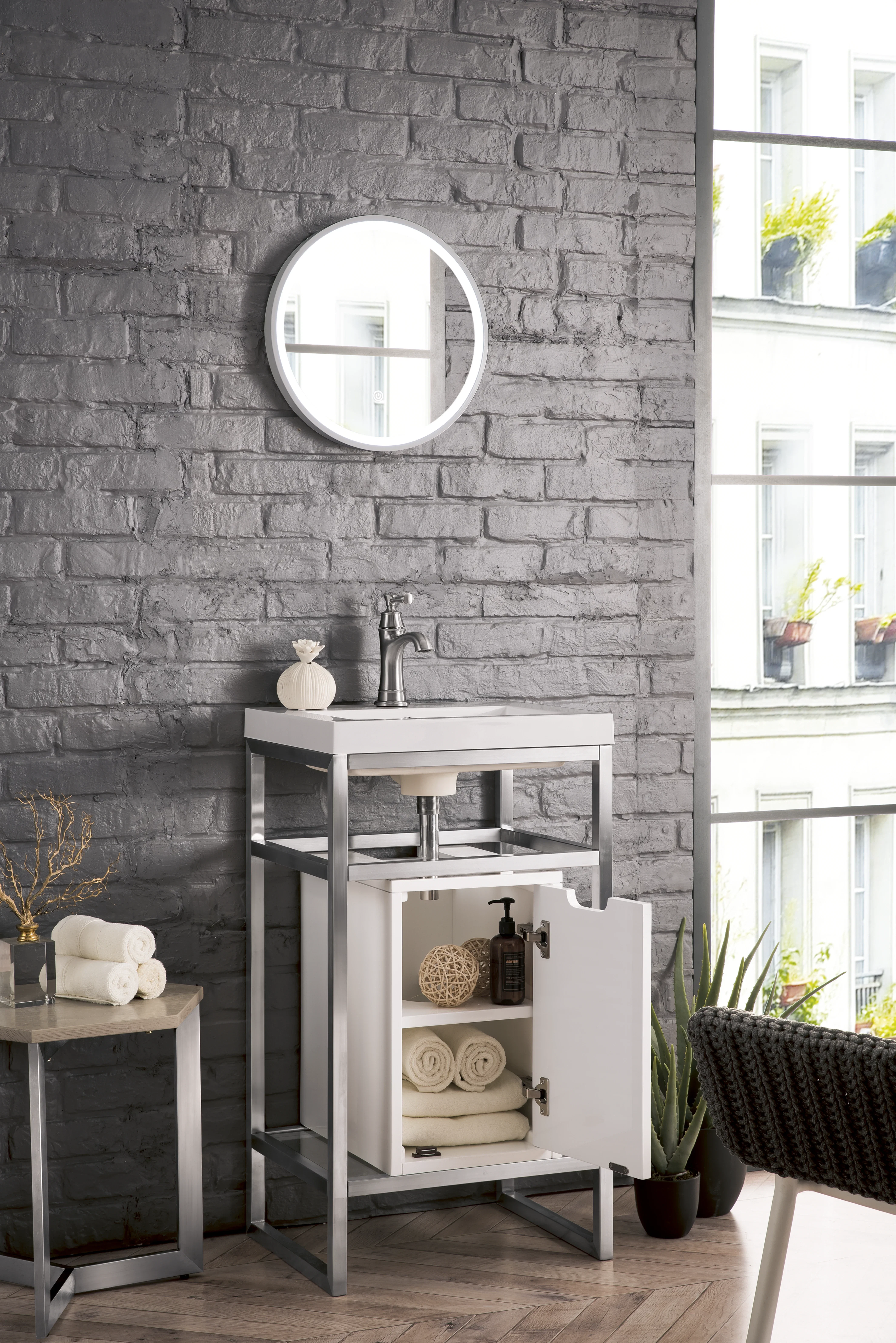 Boston 20" Single Console Vanity, Brushed Nickel, Glossy White Storage, White Glossy Composite Stone