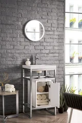 Boston 20" Single Console Vanity, Brushed Nickel, Glossy White Storage, White Glossy Composite Stone