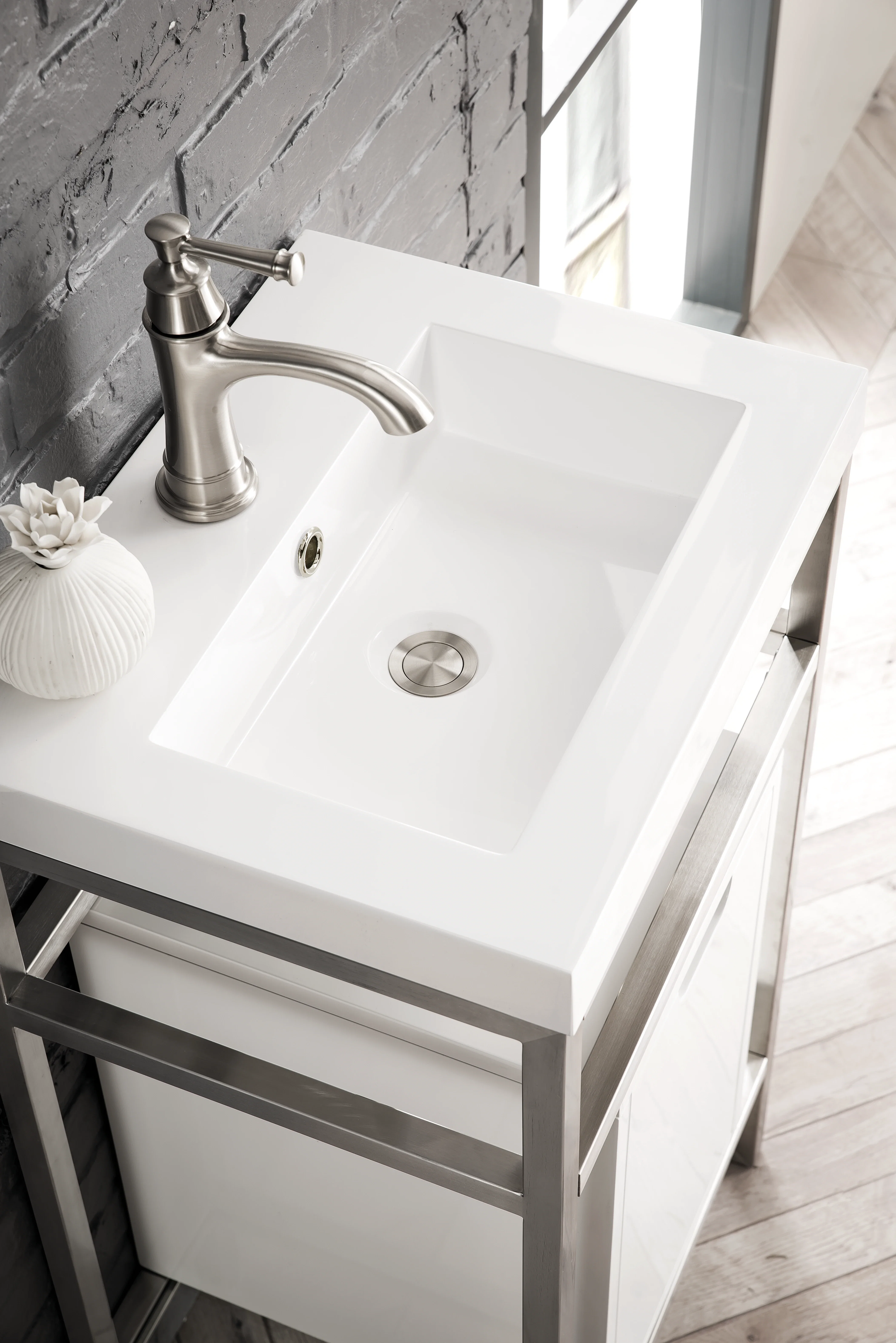 Boston 20" Single Console Vanity, Brushed Nickel, Glossy White Storage, White Glossy Composite Stone
