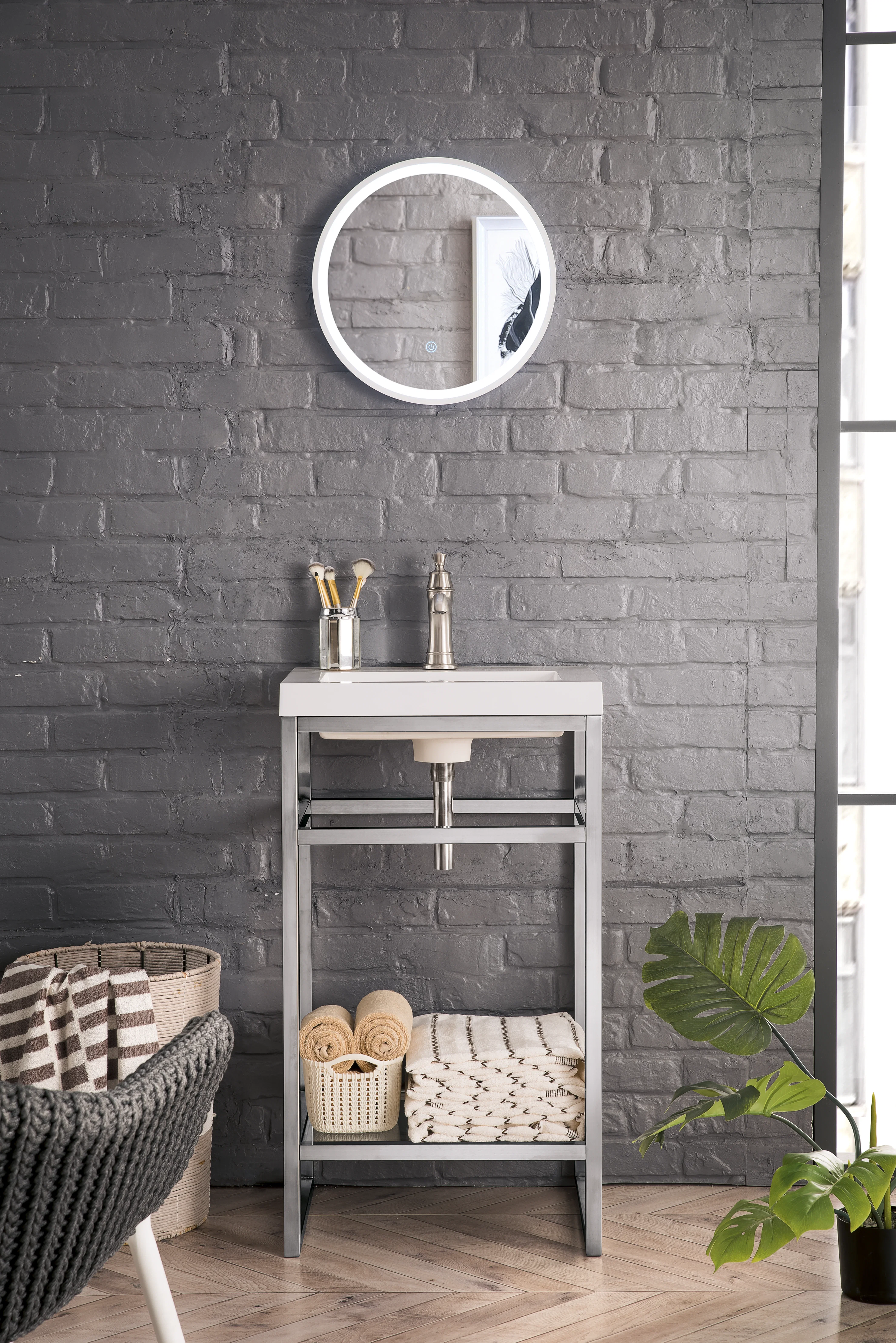 Boston 20" Single Console Vanity, Brushed Nickel w/ White Glossy Composite Stone Top