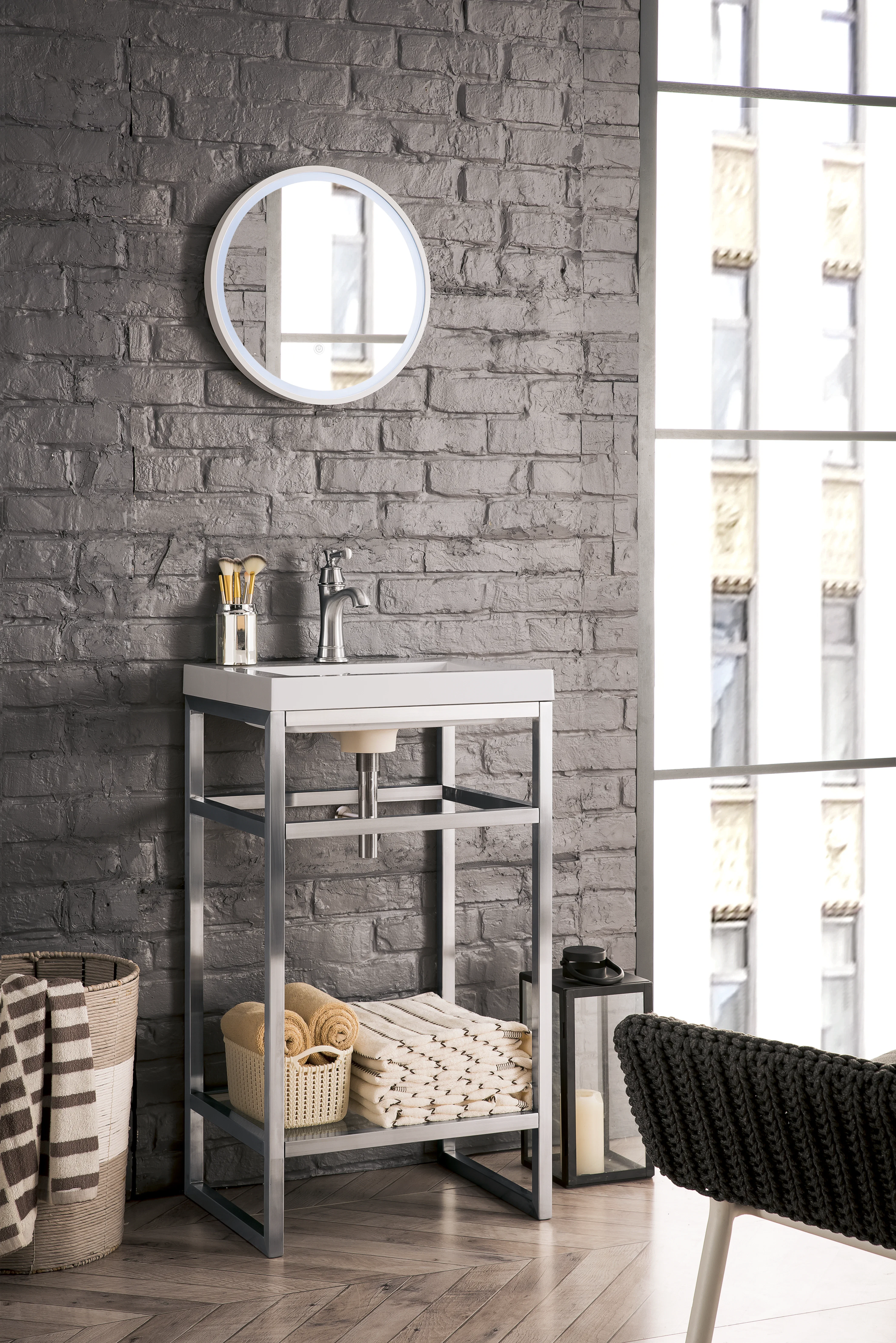 Boston 20" Single Console Vanity, Brushed Nickel w/ White Glossy Composite Stone Top