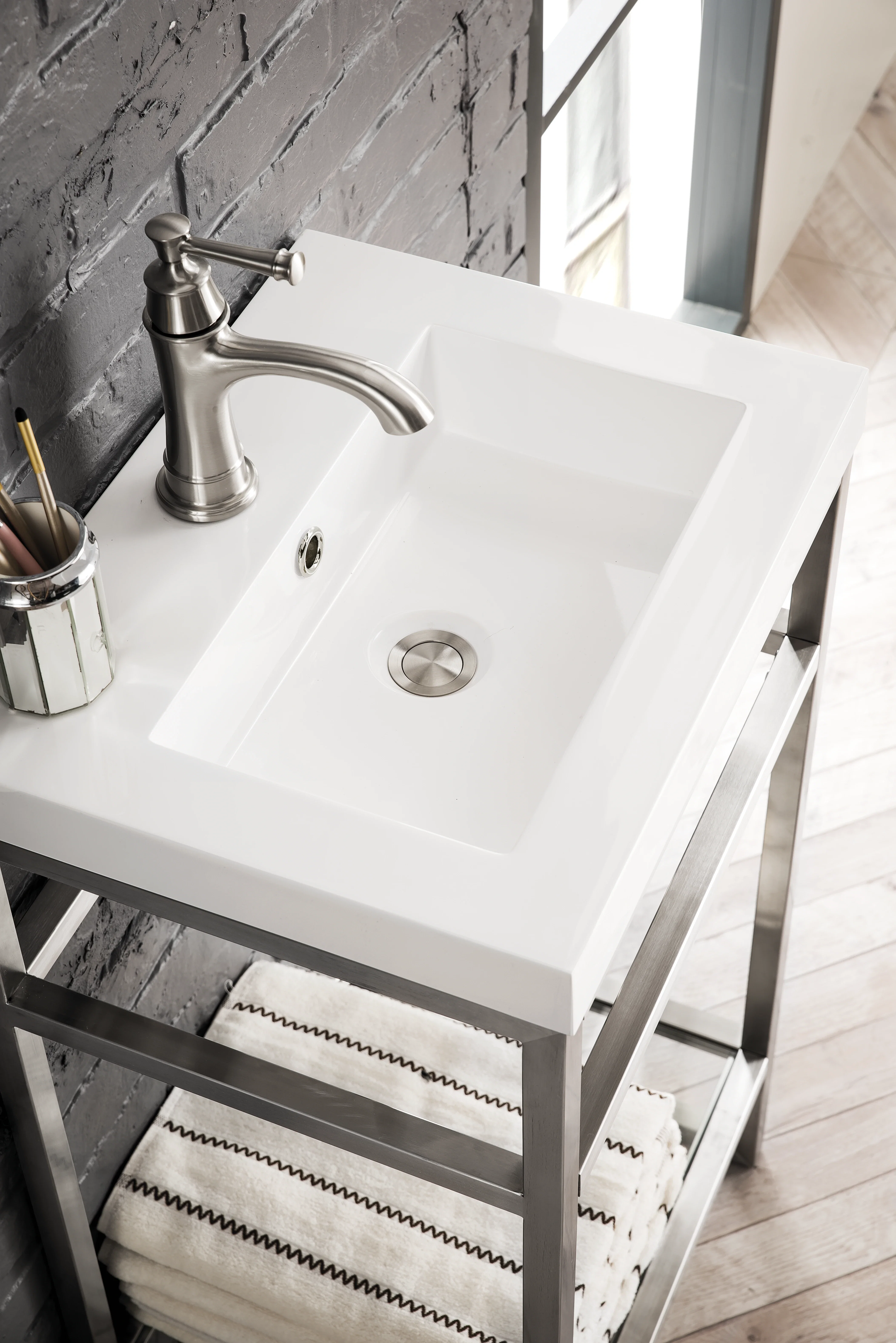 Boston 20" Single Console Vanity, Brushed Nickel w/ White Glossy Composite Stone Top