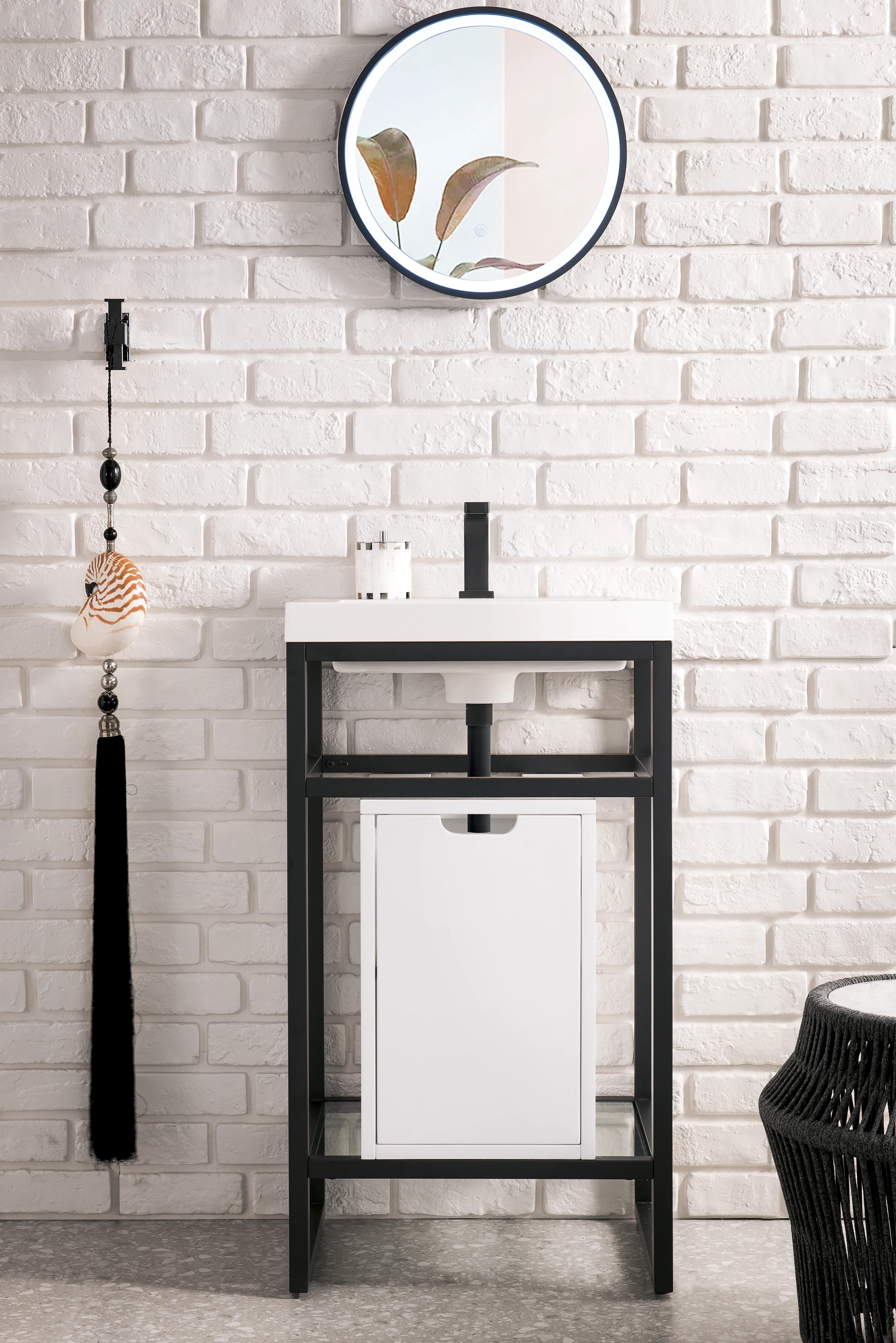 Boston 20" Single Console Vanity, Matte Black w/ Glossy White Storage, White Glossy Composite Stone