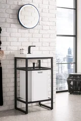 Boston 20" Single Console Vanity, Matte Black w/ Glossy White Storage, White Glossy Composite Stone