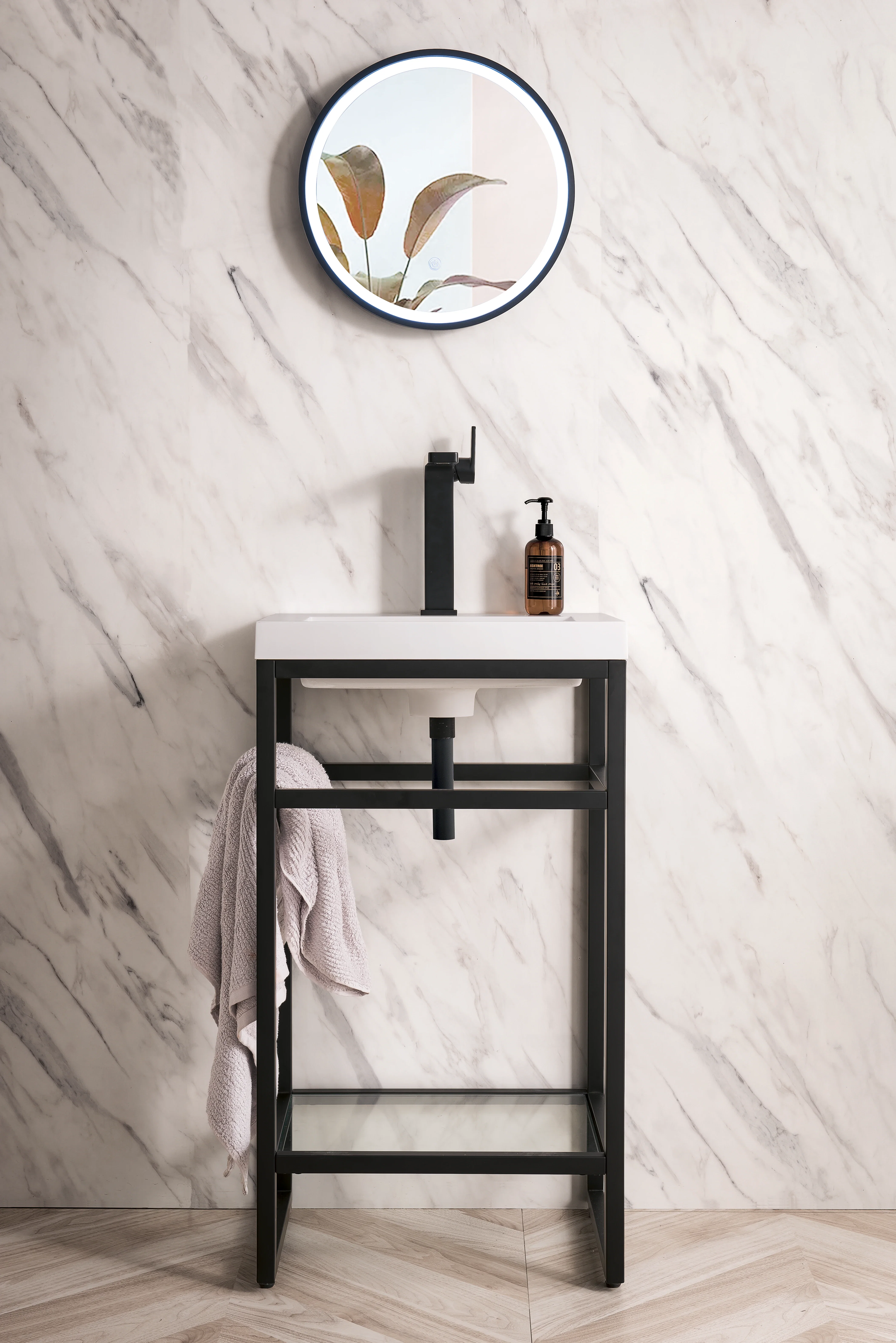 Boston 20" Single Console Vanity, Matte Black w/ White Glossy Composite Stone Top
