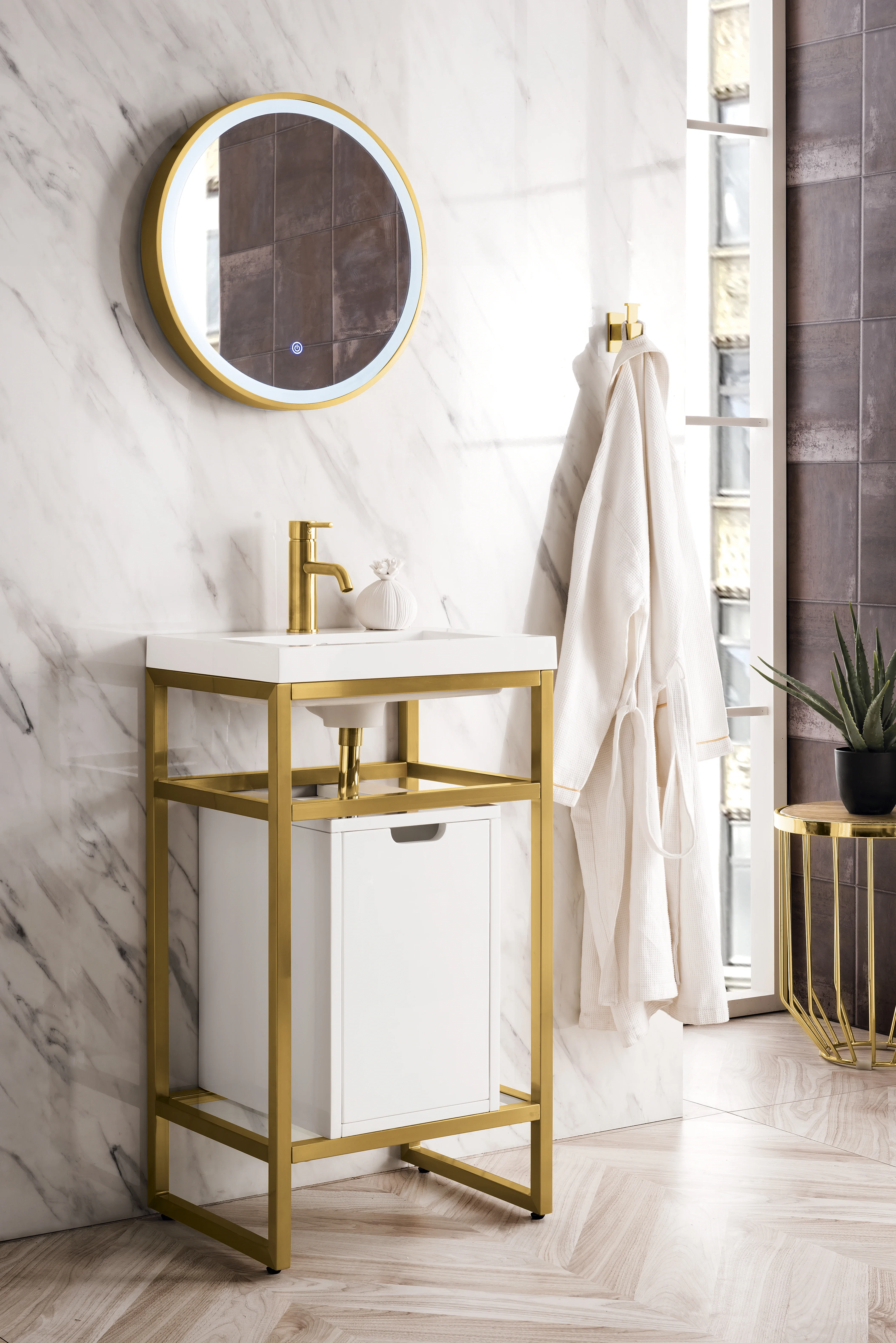 Boston 20" Single Console Vanity, Radiant Gold w/ Glossy White Storage, White Glossy Composite Stone