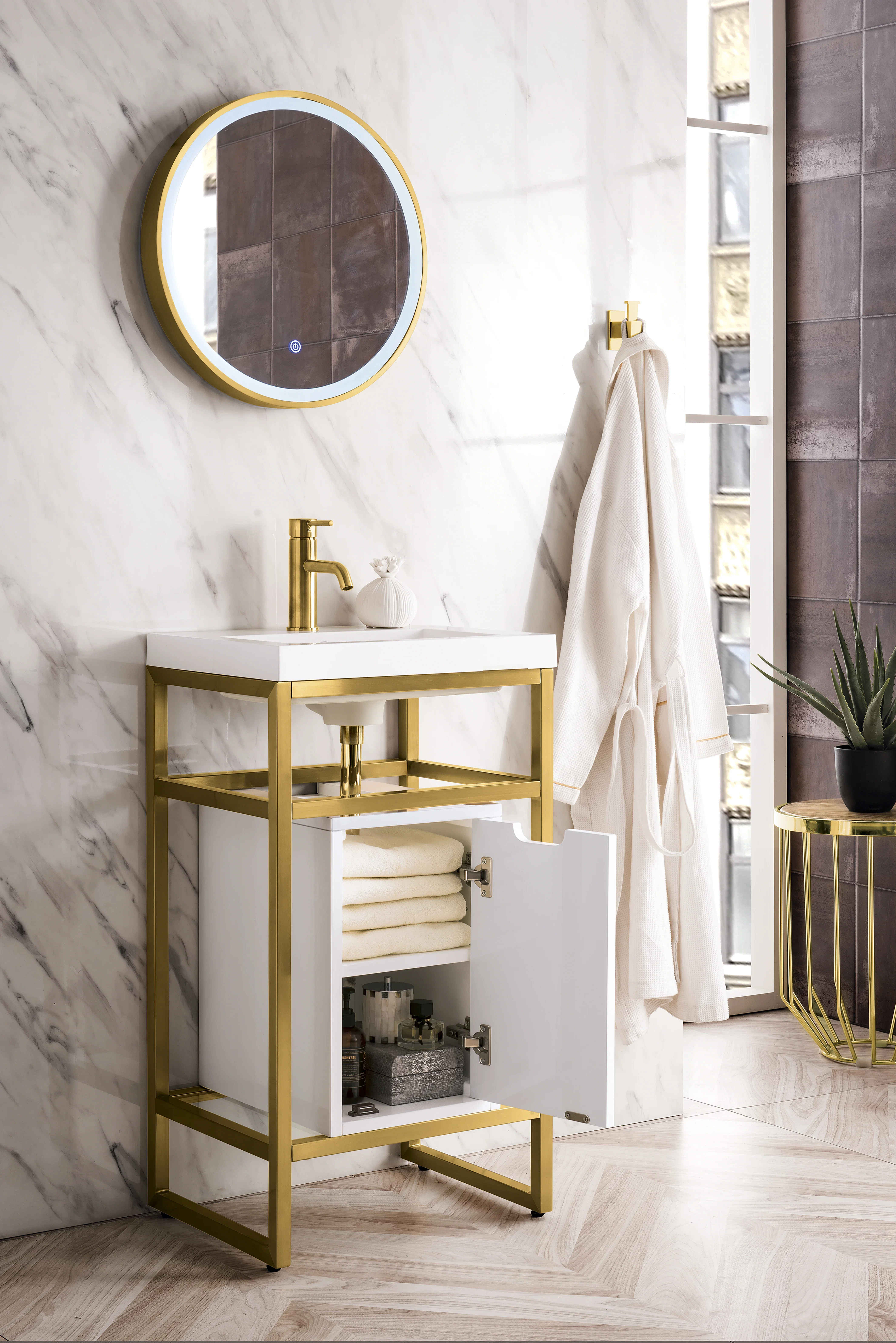 Boston 20" Single Console Vanity, Radiant Gold w/ Glossy White Storage, White Glossy Composite Stone