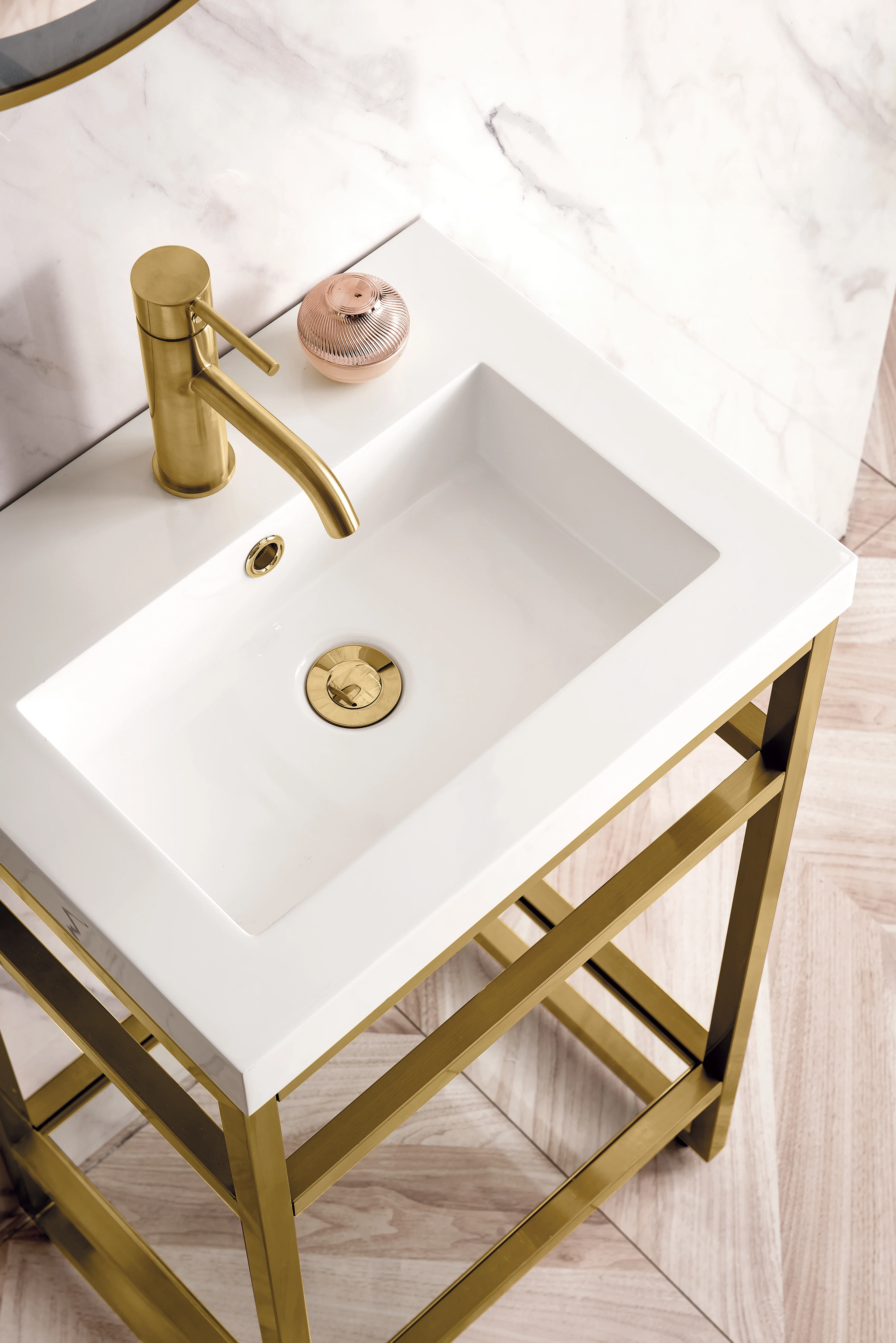 Boston 20" Single Console Vanity, Radiant Gold w/ Glossy White Storage, White Glossy Composite Stone