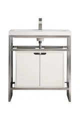 Boston 31.5" Single Console Vanity, Brushed Nickel, Gloss White Storage, White Gloss Composite Stone