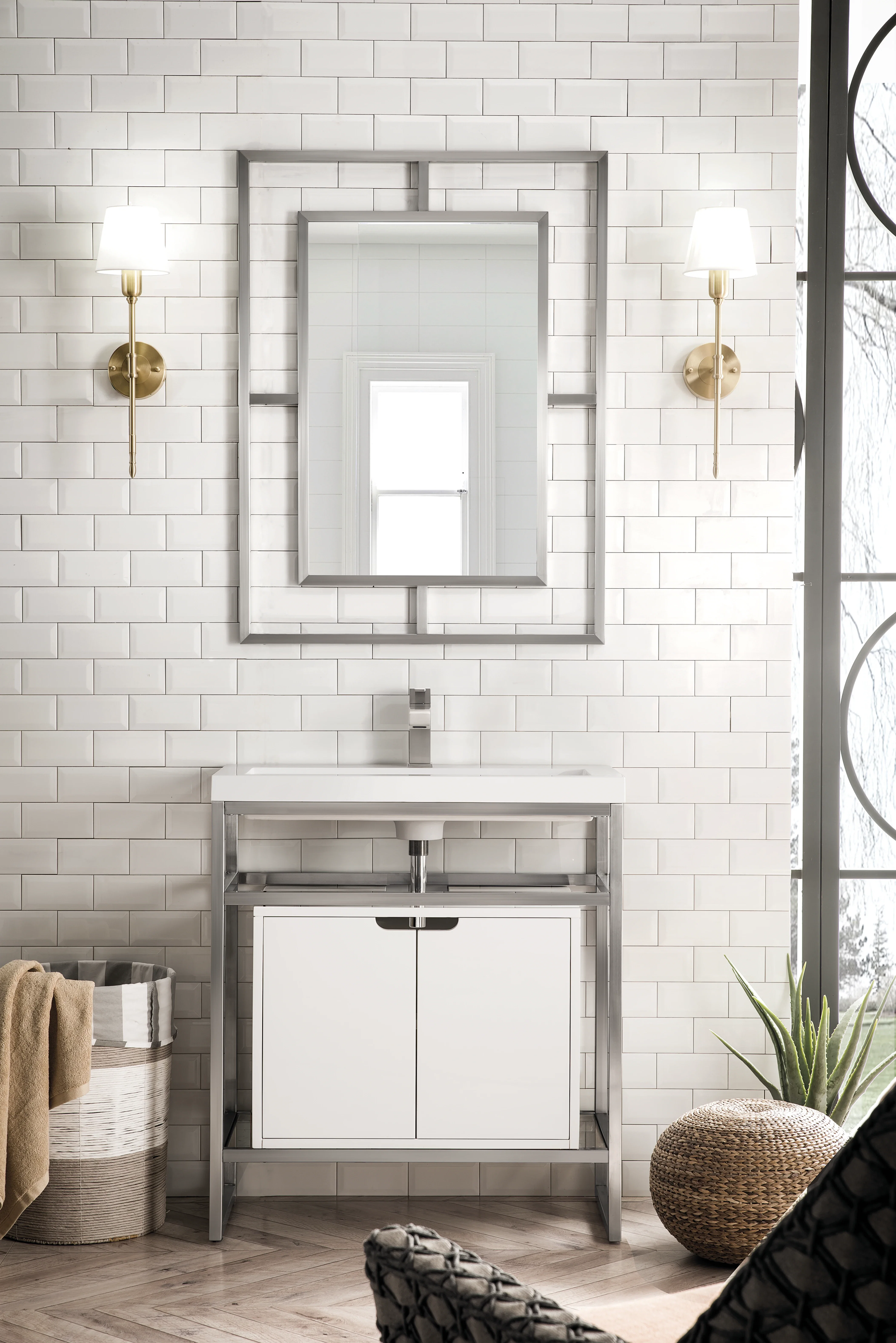 Boston 31.5" Single Console Vanity, Brushed Nickel, Gloss White Storage, White Gloss Composite Stone