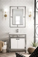Boston 31.5" Single Console Vanity, Brushed Nickel, Gloss White Storage, White Gloss Composite Stone