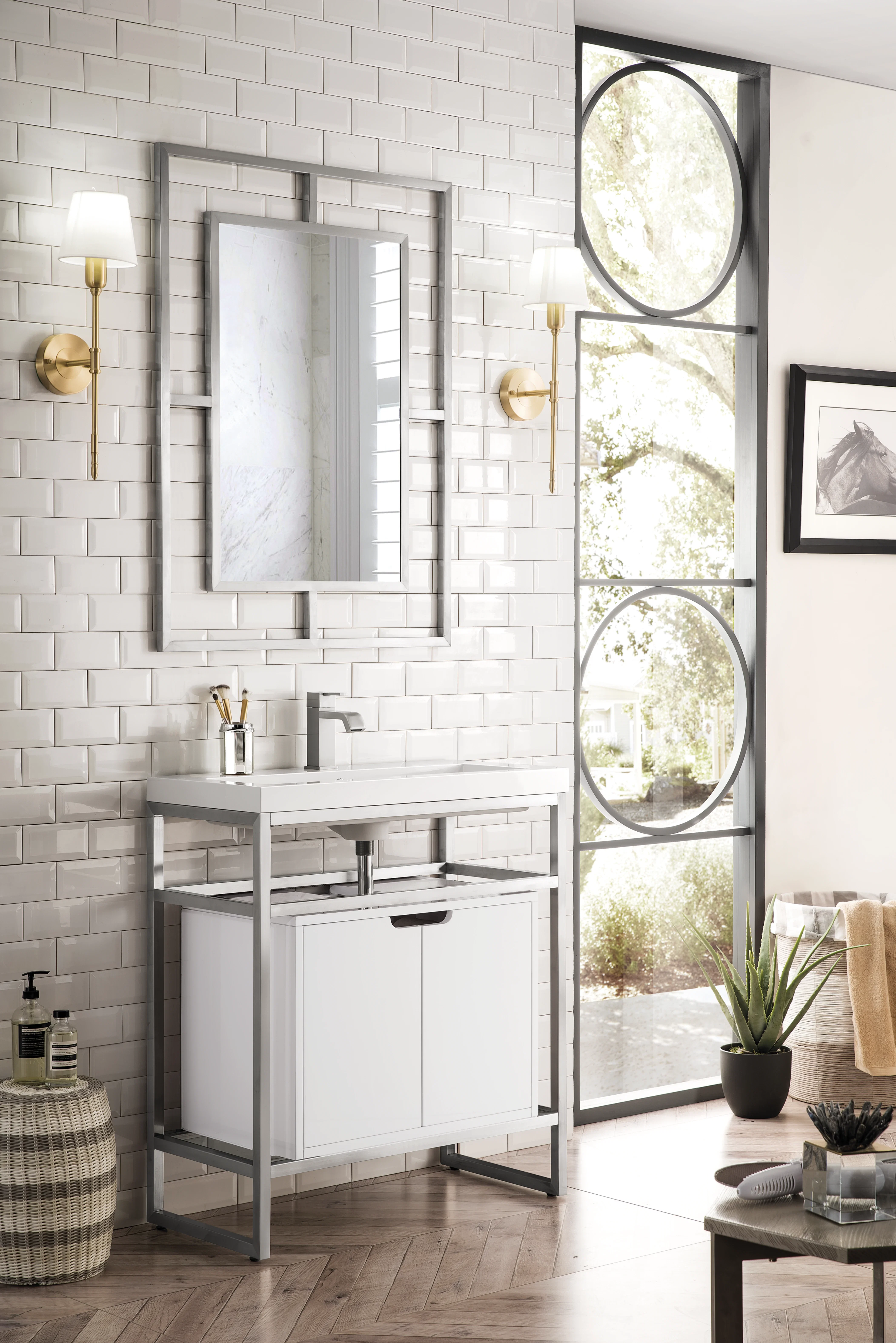 Boston 31.5" Single Console Vanity, Brushed Nickel, Gloss White Storage, White Gloss Composite Stone