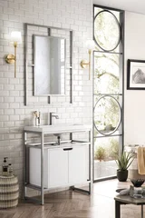 Boston 31.5" Single Console Vanity, Brushed Nickel, Gloss White Storage, White Gloss Composite Stone
