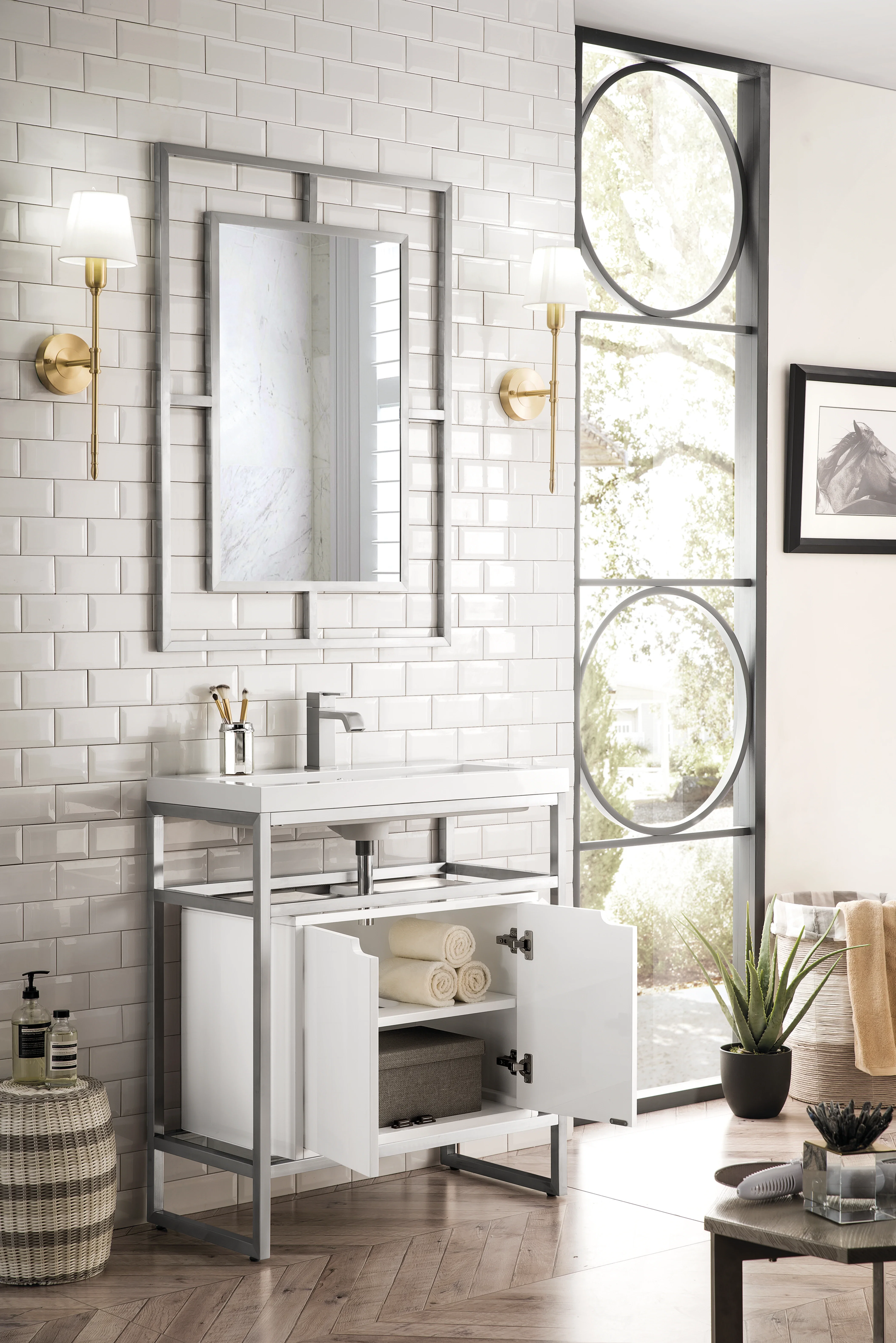 Boston 31.5" Single Console Vanity, Brushed Nickel, Gloss White Storage, White Gloss Composite Stone