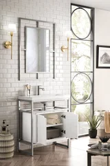 Boston 31.5" Single Console Vanity, Brushed Nickel, Gloss White Storage, White Gloss Composite Stone