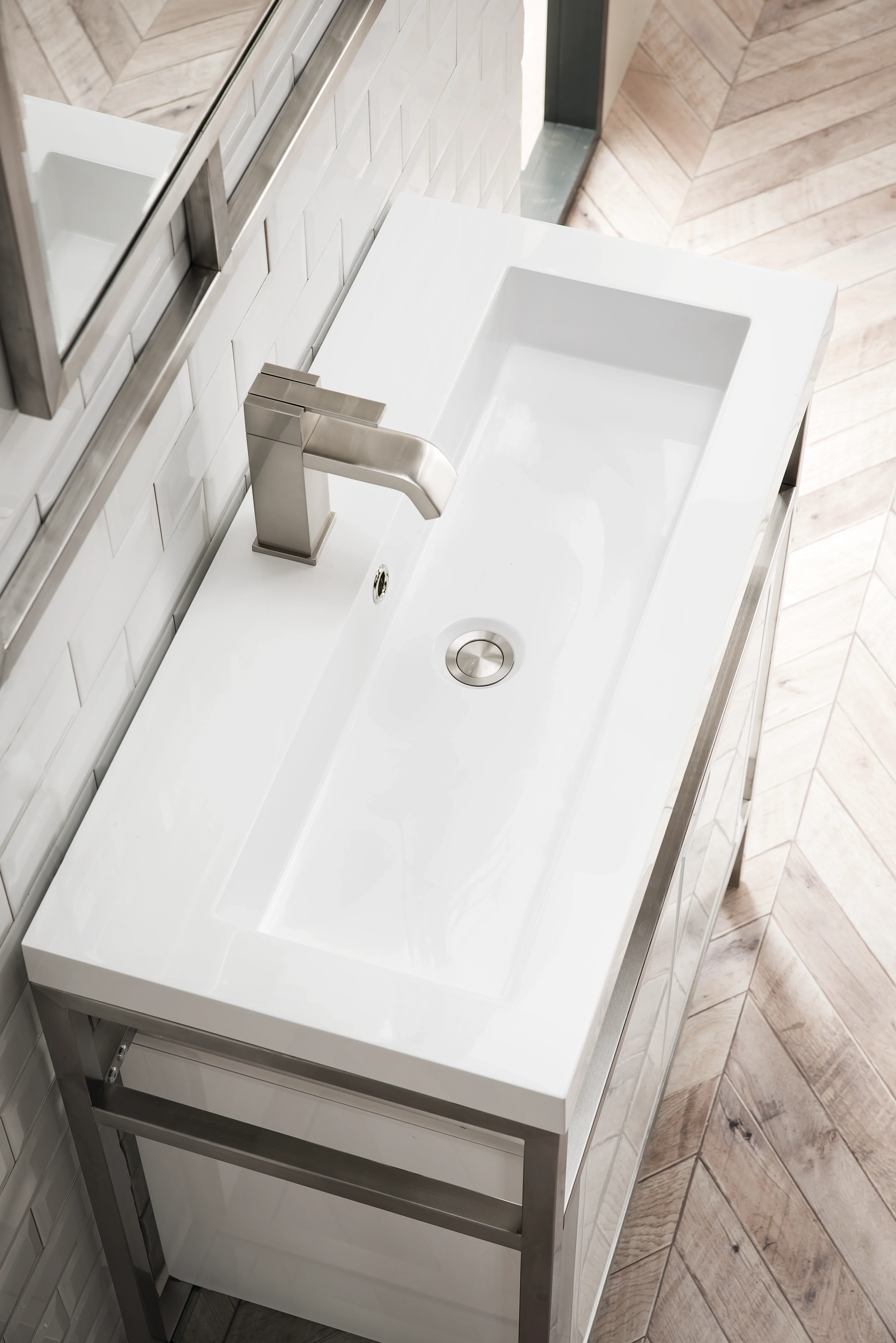 Boston 31.5" Single Console Vanity, Brushed Nickel, Gloss White Storage, White Gloss Composite Stone