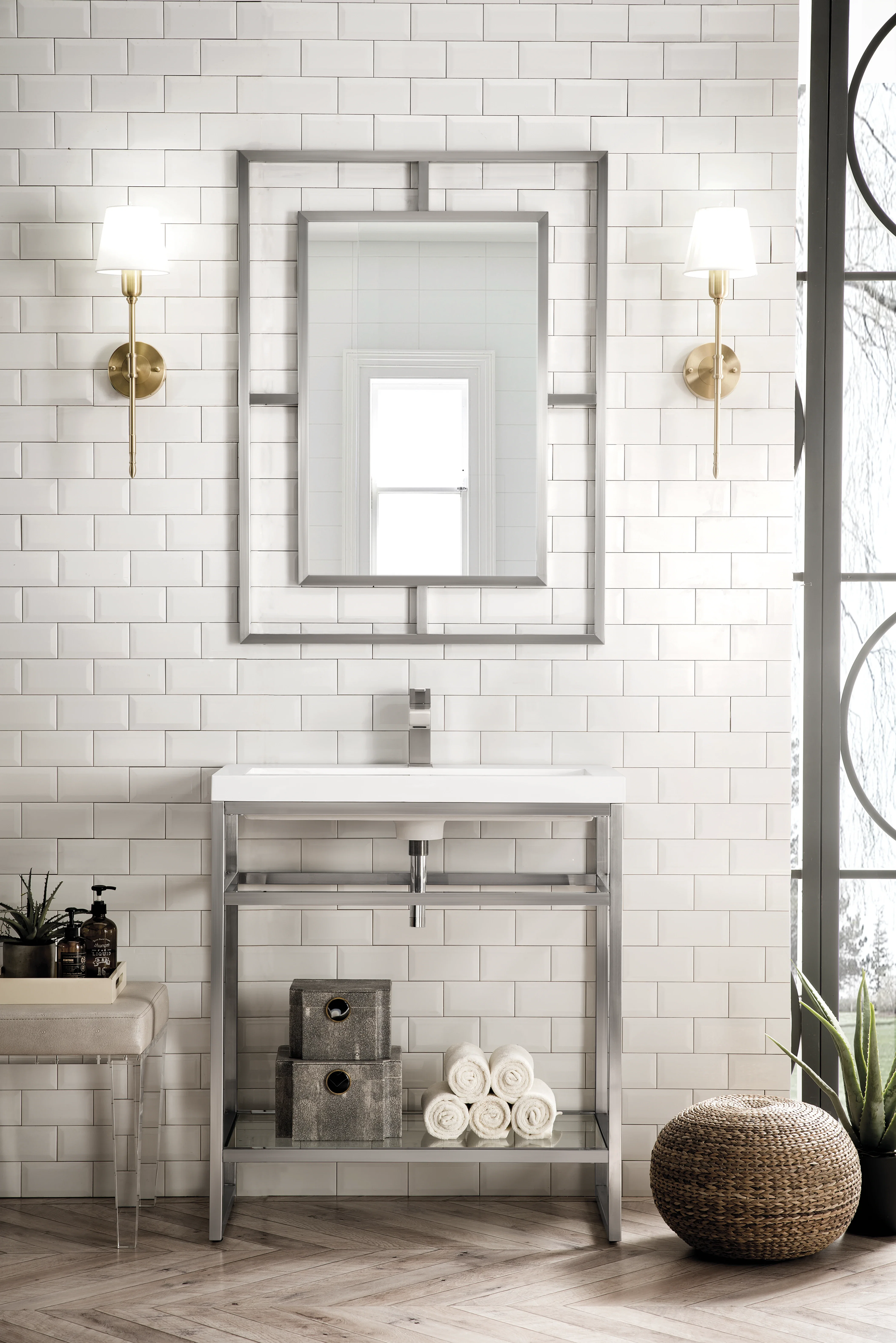 Boston 31.5" Single Console Vanity, Brushed Nickel w/ White Glossy Composite Stone Top