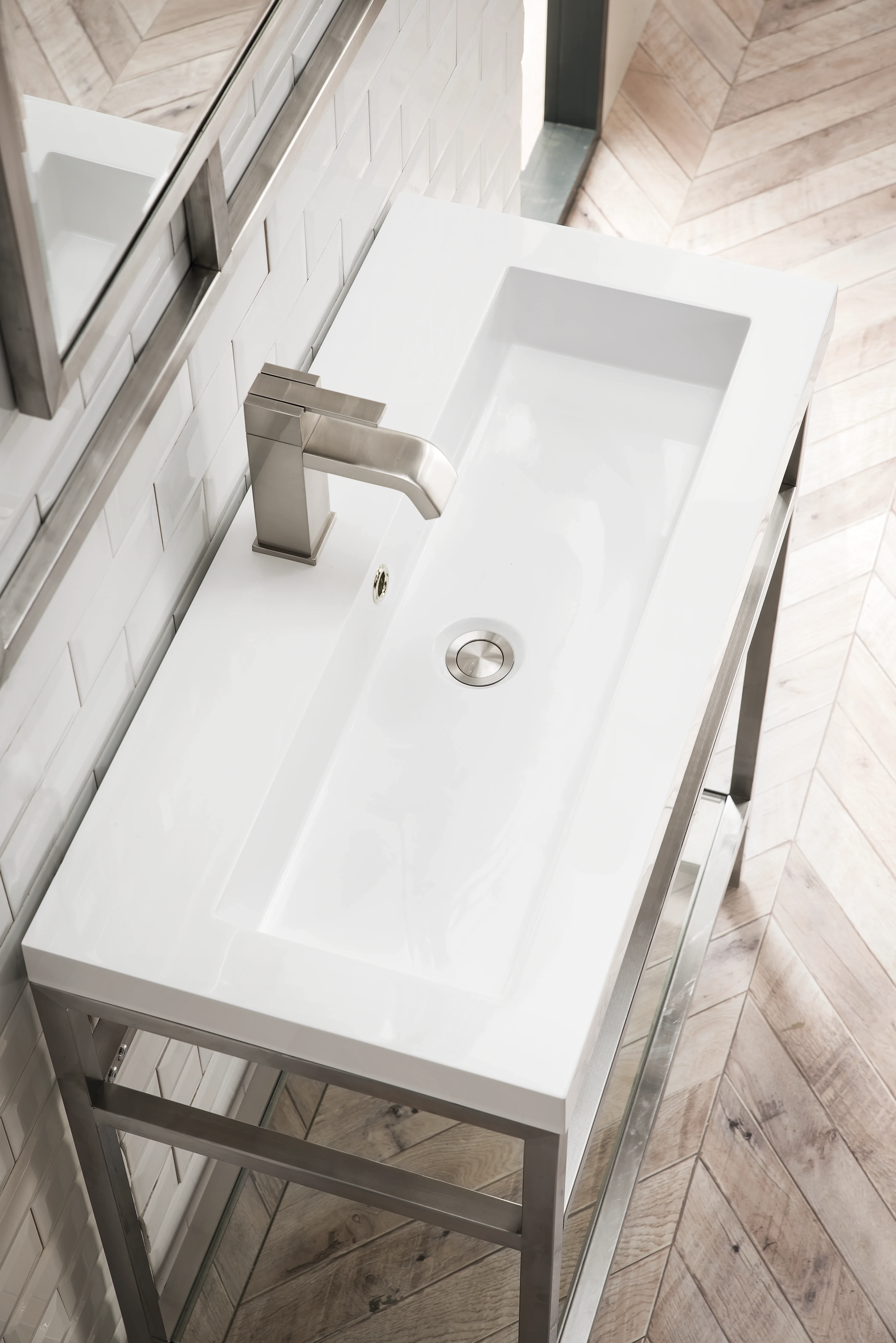 Boston 31.5" Single Console Vanity, Brushed Nickel w/ White Glossy Composite Stone Top