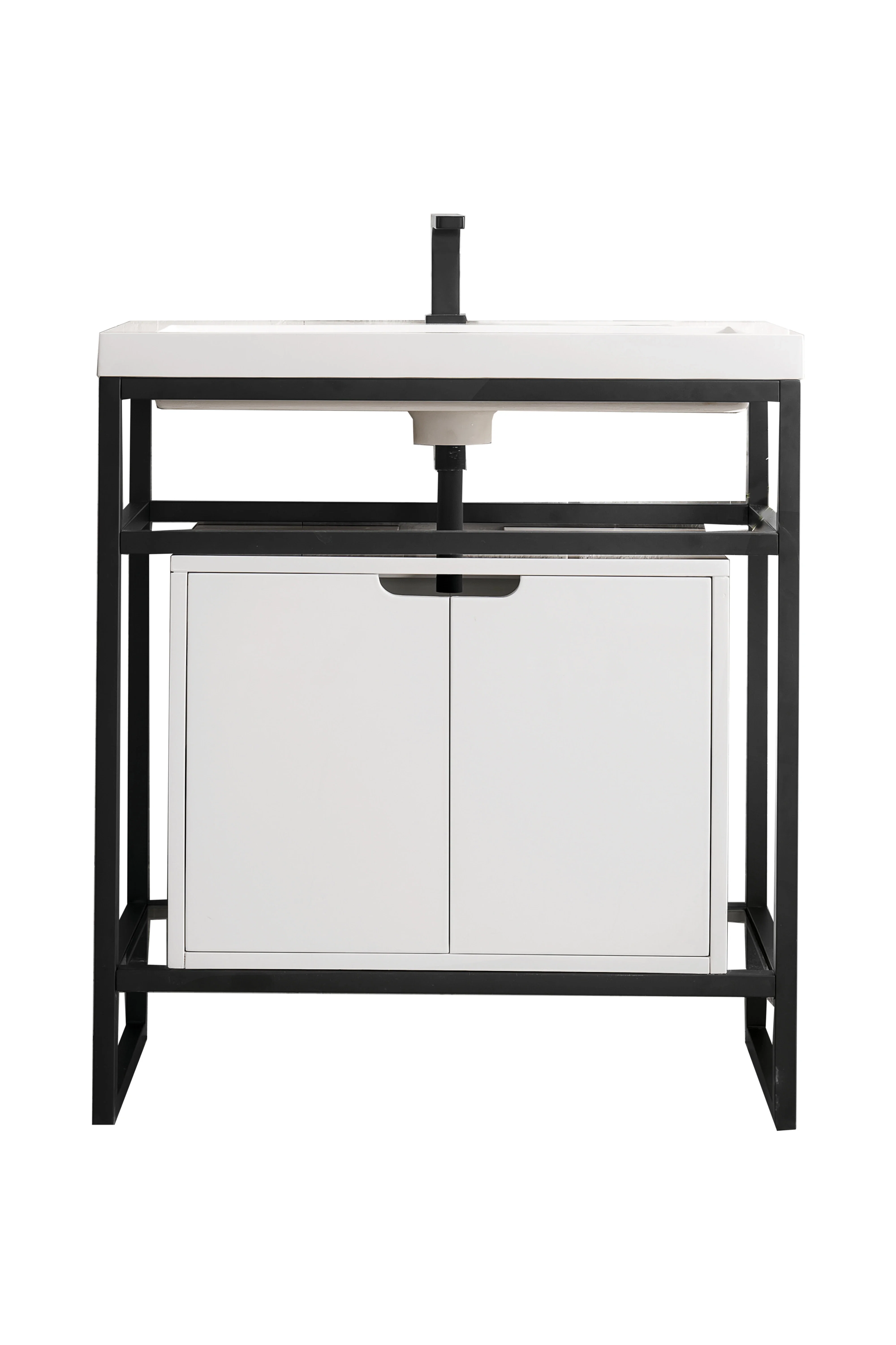 Boston 31.5" Single Console Vanity, Matte Black, Glossy White Storage, White Glossy Composite Stone