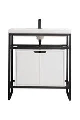 Boston 31.5" Single Console Vanity, Matte Black, Glossy White Storage, White Glossy Composite Stone
