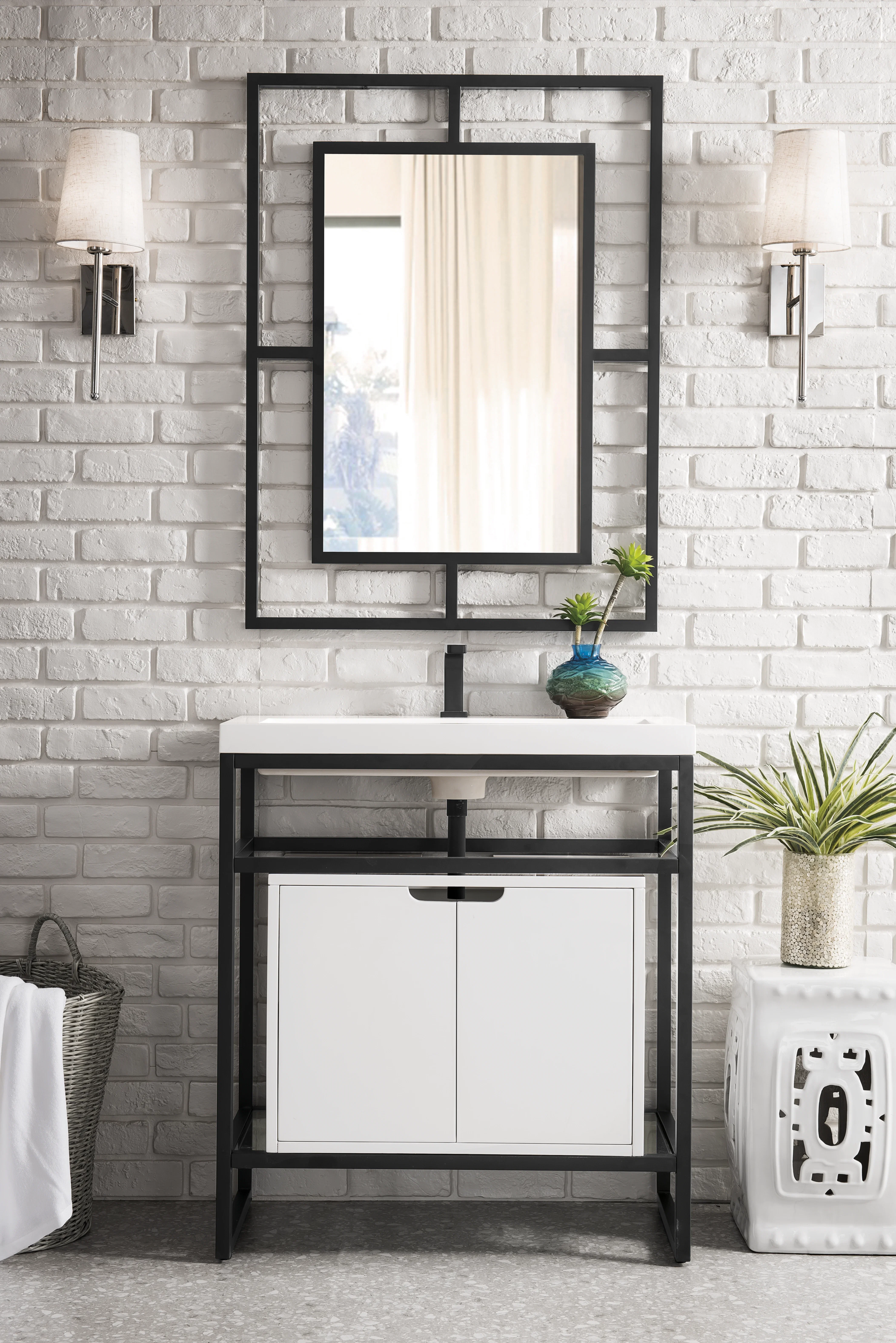 Boston 31.5" Single Console Vanity, Matte Black, Glossy White Storage, White Glossy Composite Stone