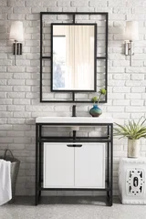 Boston 31.5" Single Console Vanity, Matte Black, Glossy White Storage, White Glossy Composite Stone