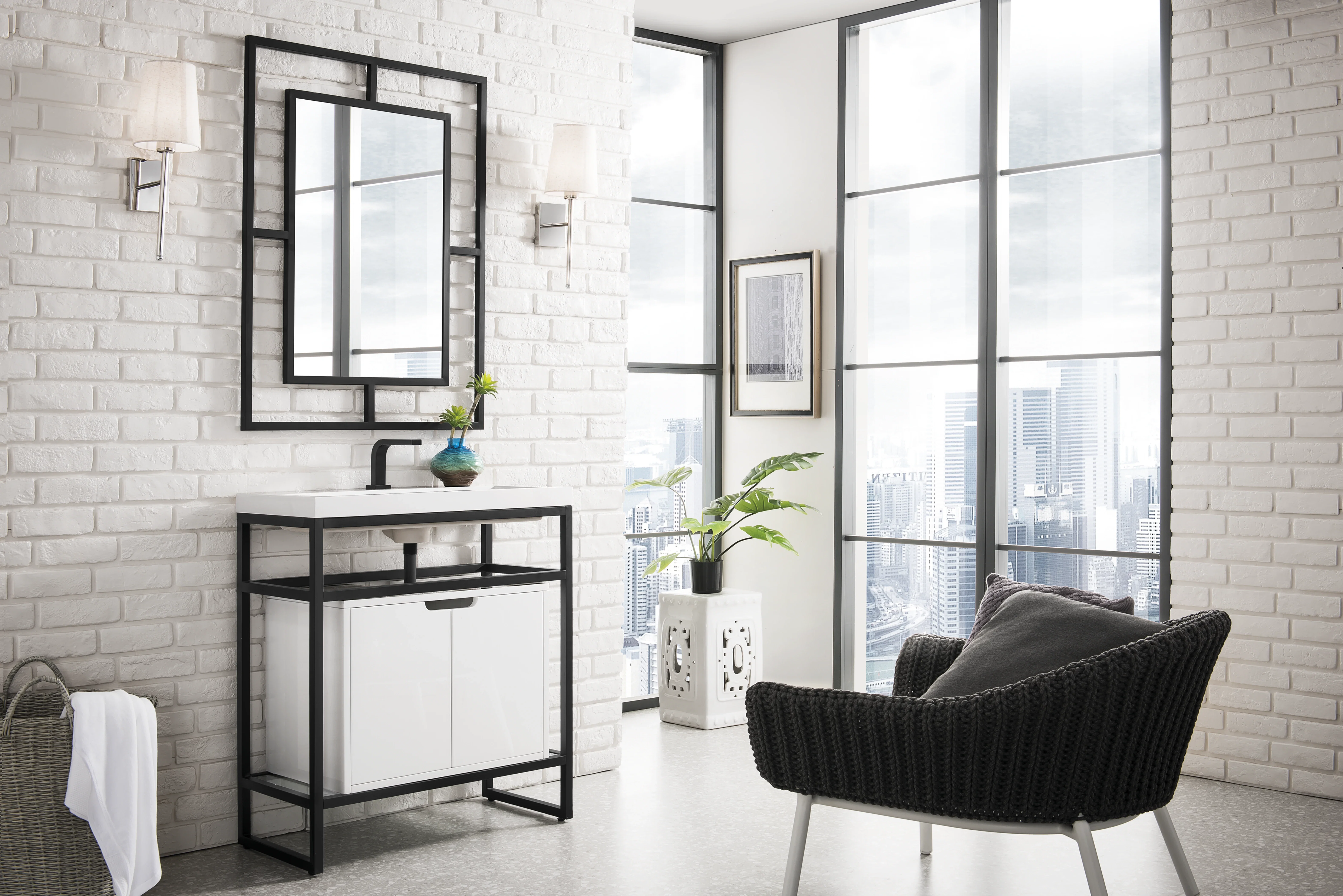 Boston 31.5" Single Console Vanity, Matte Black, Glossy White Storage, White Glossy Composite Stone