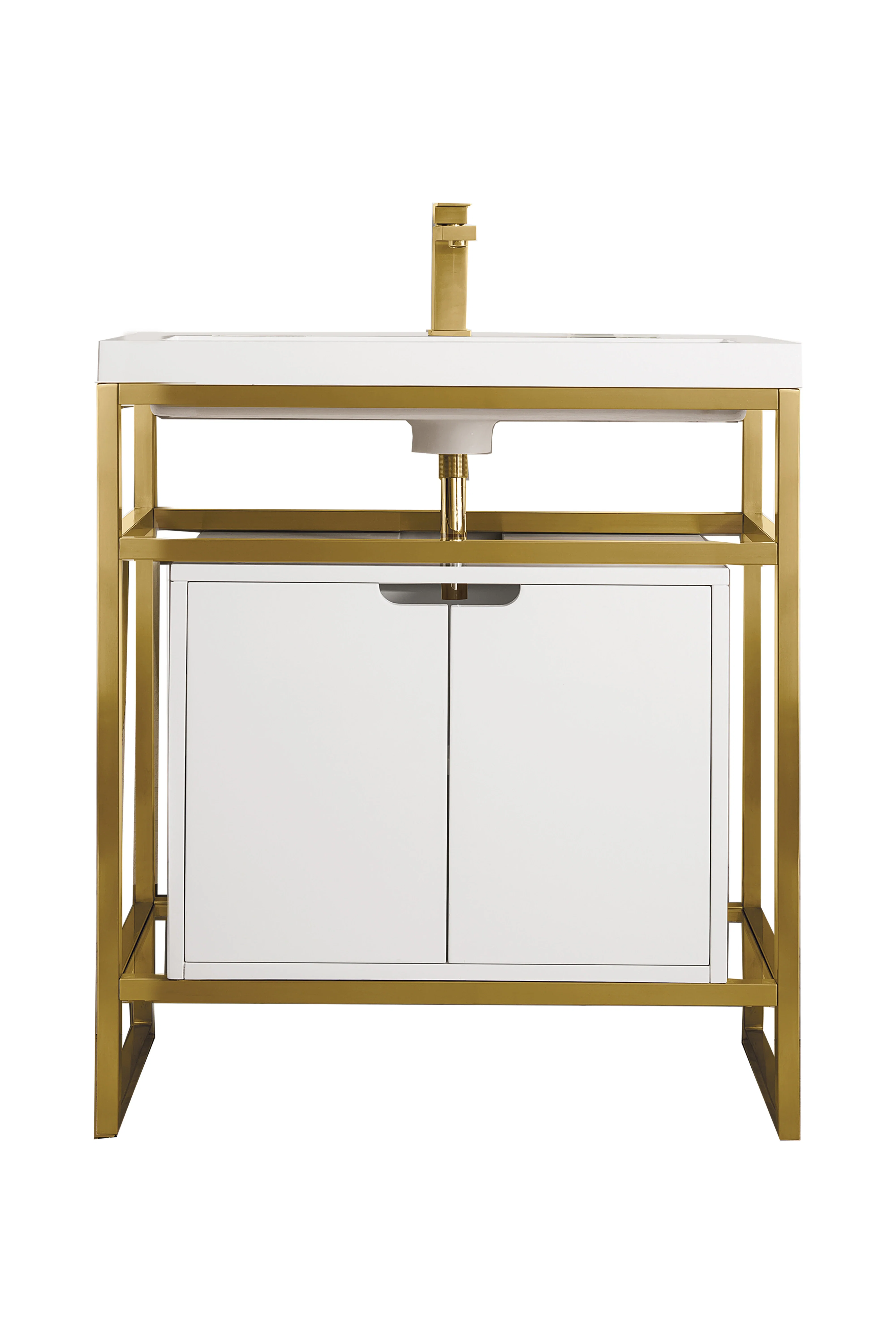 Boston 31.5" Single Console Vanity, Radiant Gold, Glossy White Storage, White Glossy Composite Stone