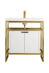 Boston 31.5" Single Console Vanity, Radiant Gold, Glossy White Storage, White Glossy Composite Stone