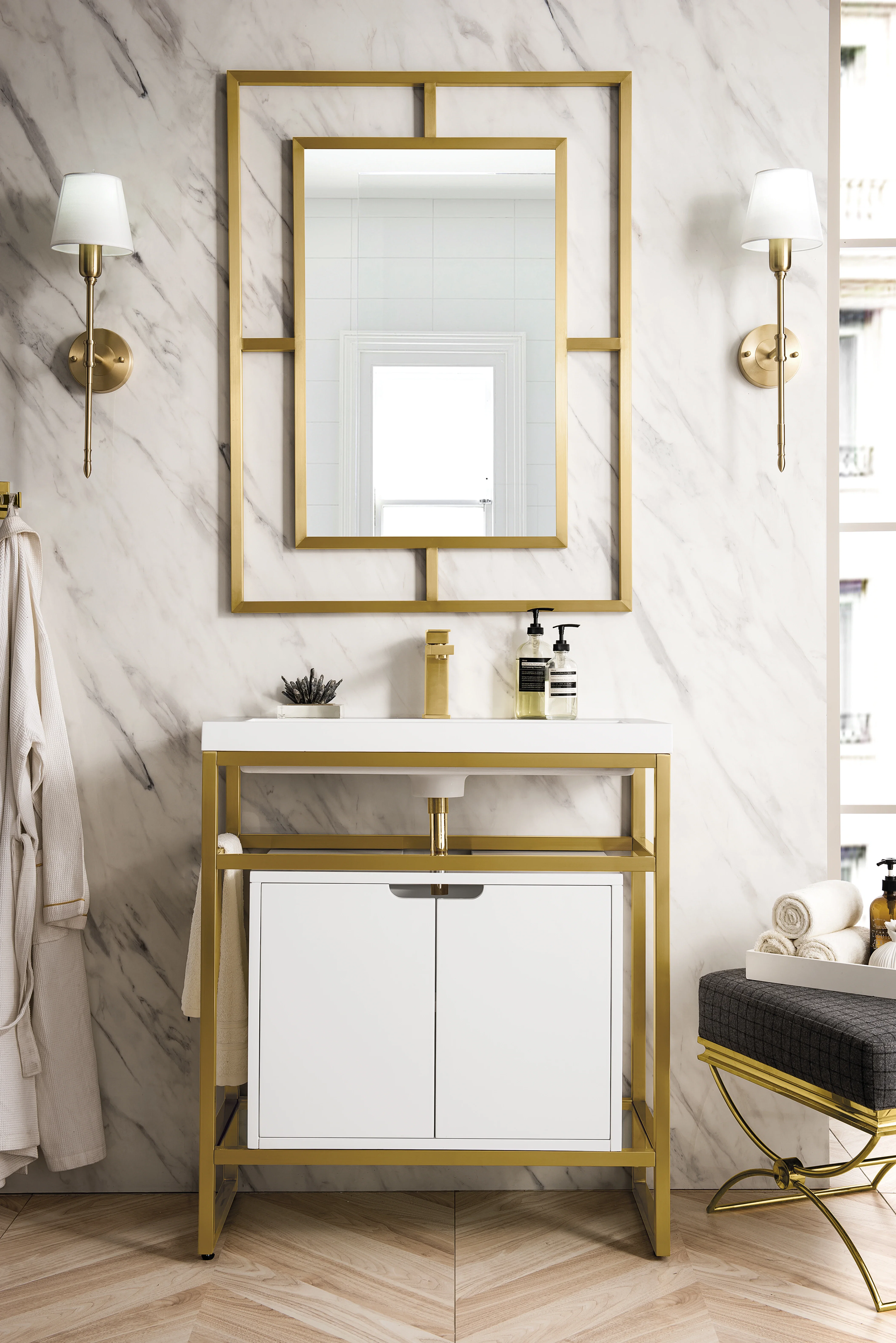 Boston 31.5" Single Console Vanity, Radiant Gold, Glossy White Storage, White Glossy Composite Stone