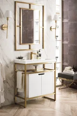 Boston 31.5" Single Console Vanity, Radiant Gold, Glossy White Storage, White Glossy Composite Stone