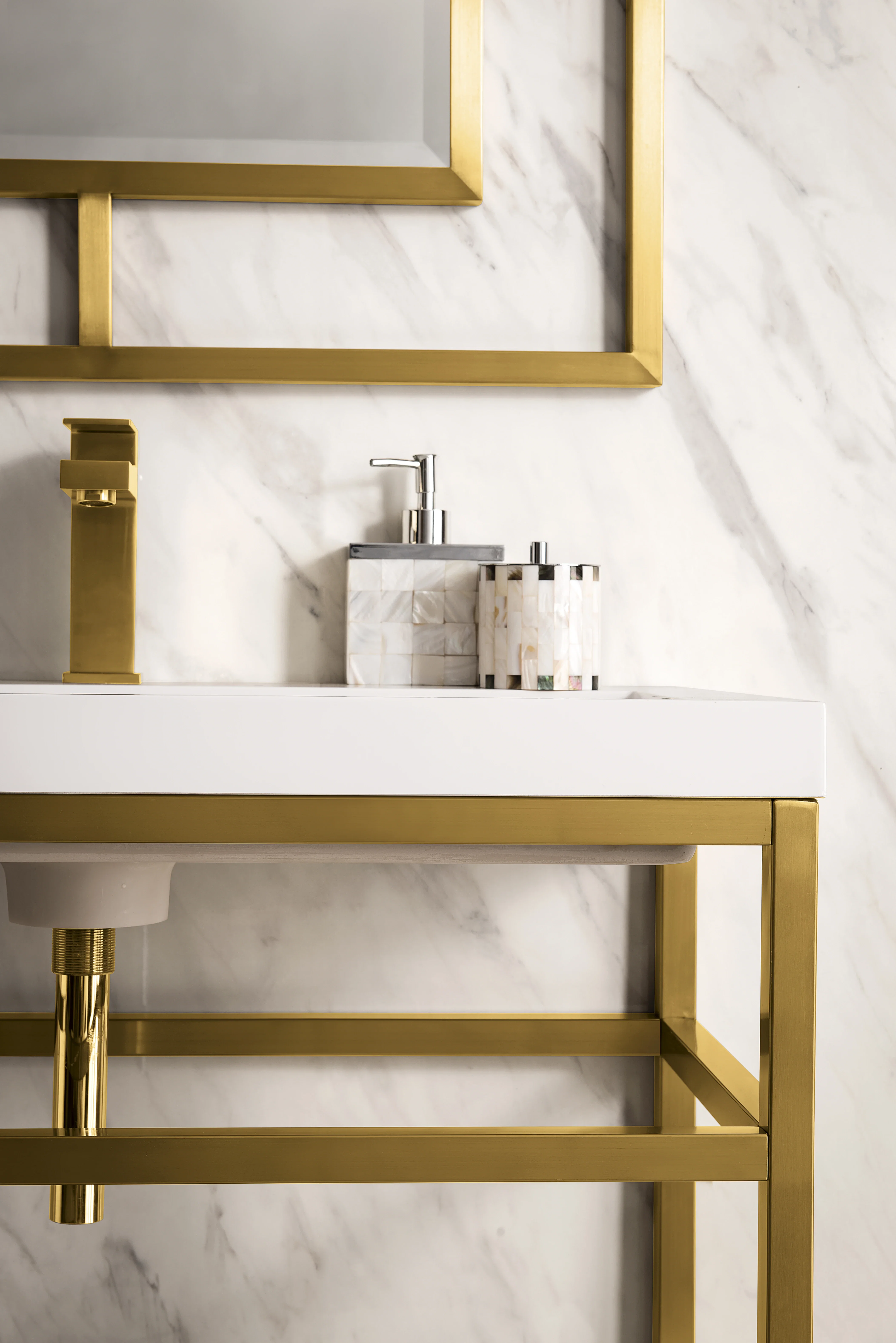 Boston 31.5" Single Console Vanity, Radiant Gold, Glossy White Storage, White Glossy Composite Stone