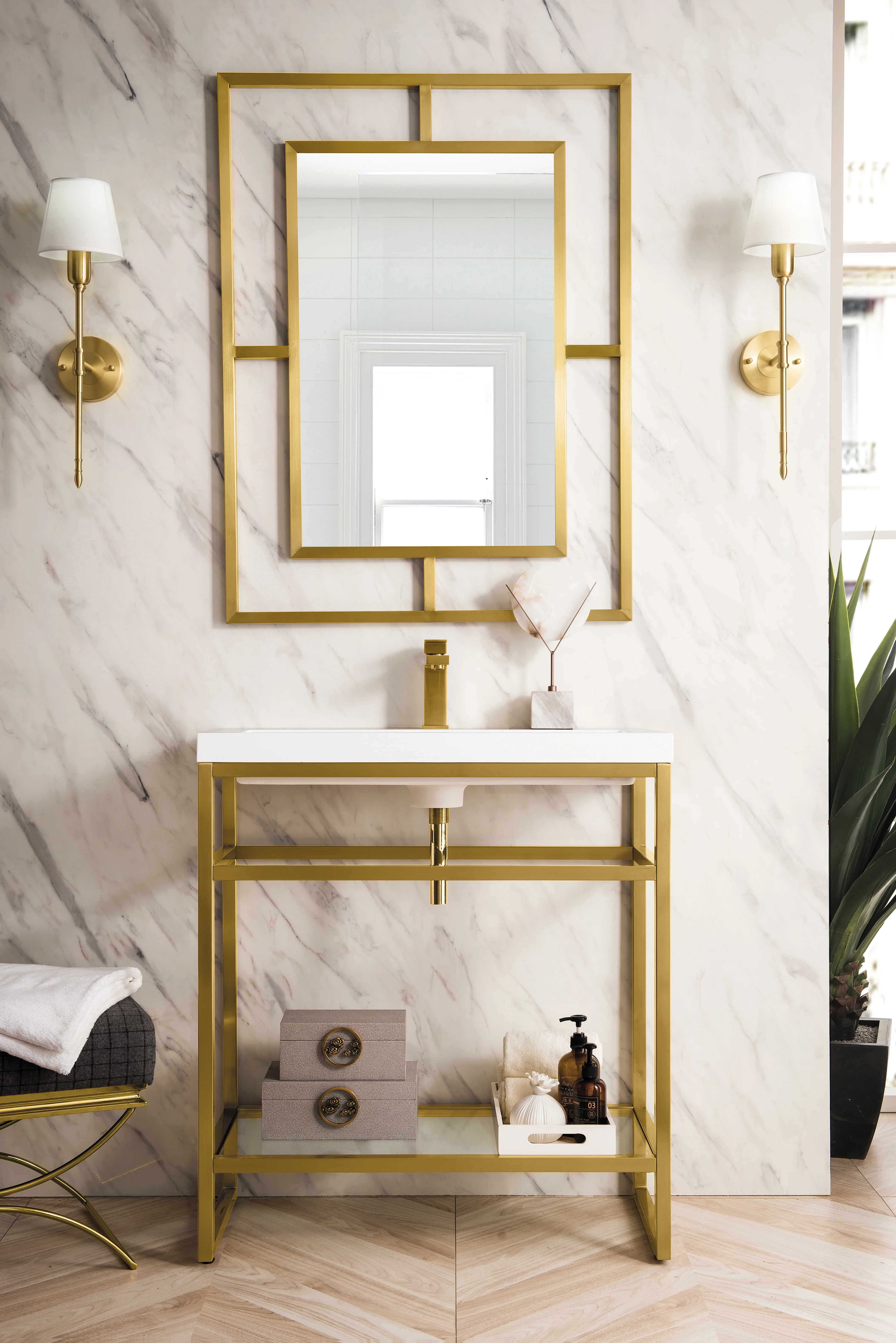 Boston 31.5" Single Console Vanity, Radiant Gold w/ White Glossy Composite Stone Top