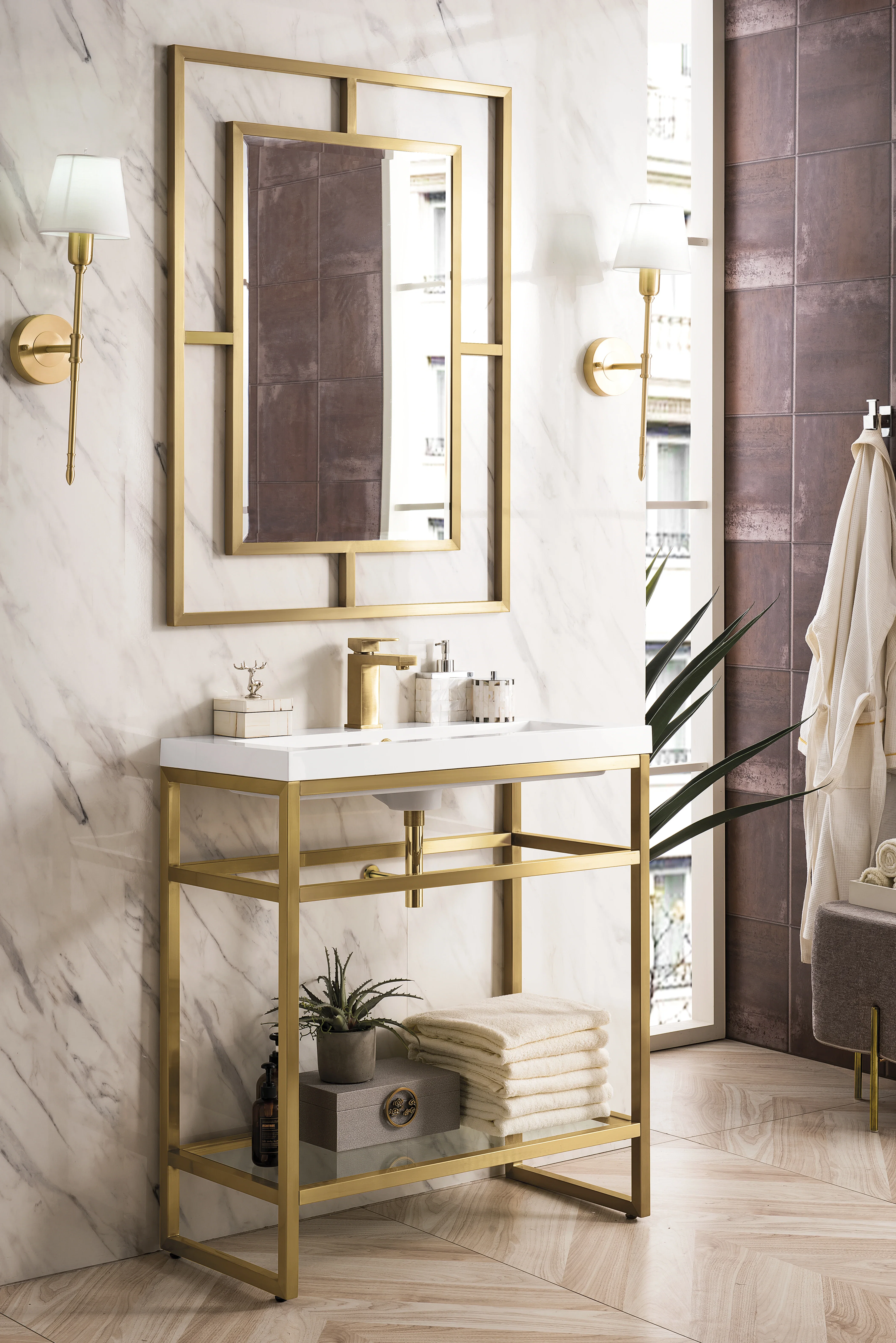 Boston 31.5" Single Console Vanity, Radiant Gold w/ White Glossy Composite Stone Top