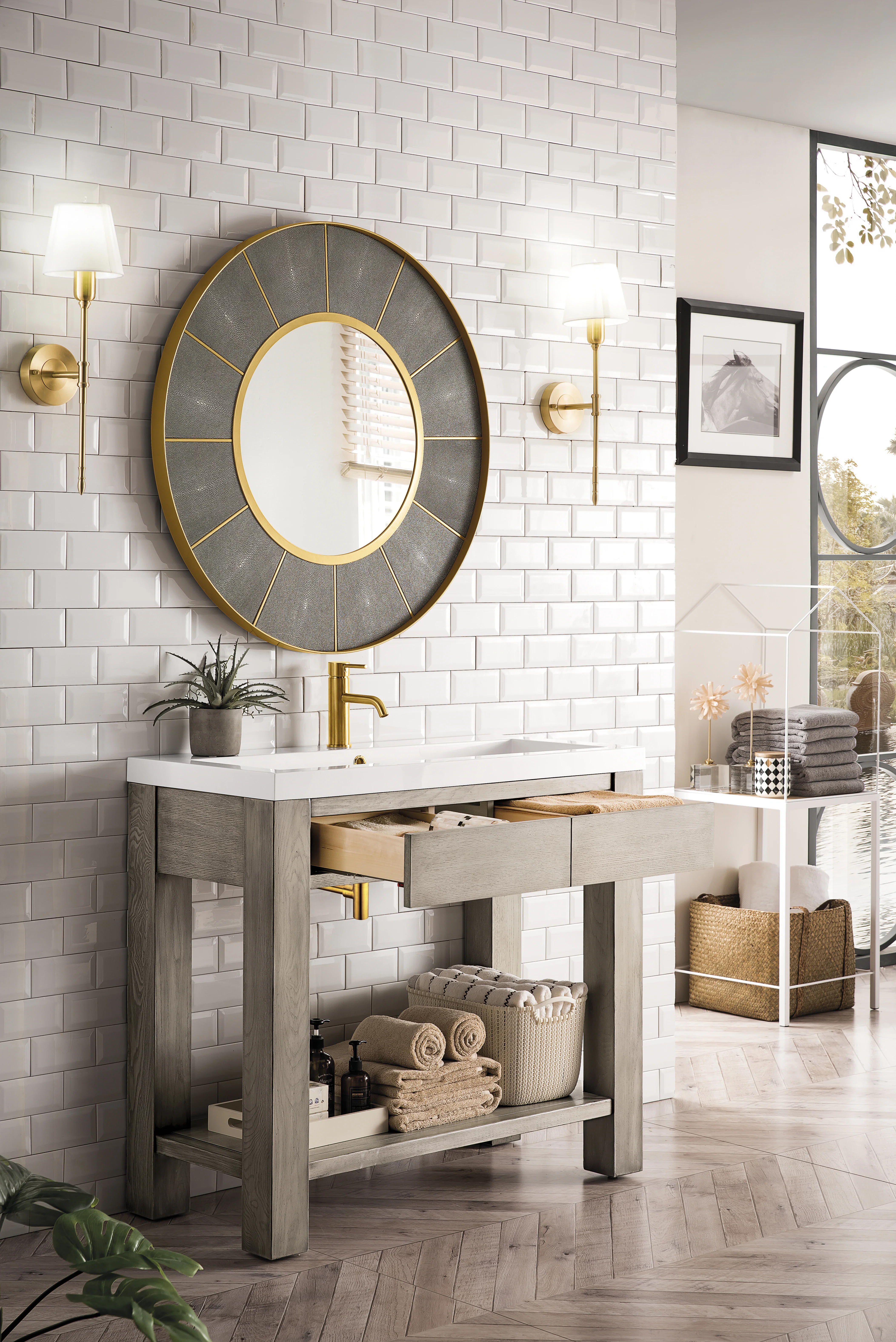 Brooklyn 39.5" Single Console Vanity, Platinum Ash w/ White Glossy Composite Stone Top