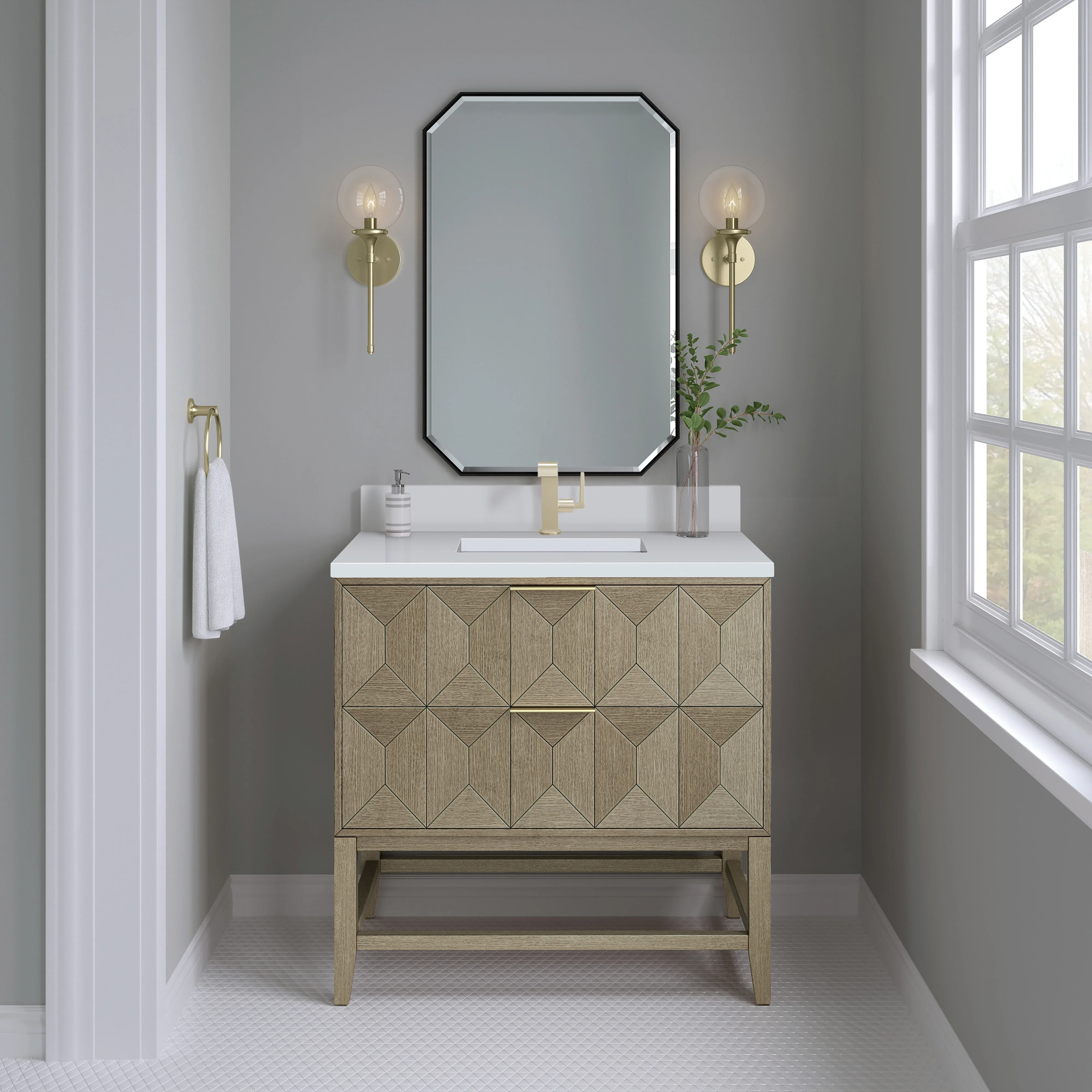 Emmeline 36" Single Vanity, Pebble Oak w/ Single Hole 3 CM White Zeus Top & Backsplash