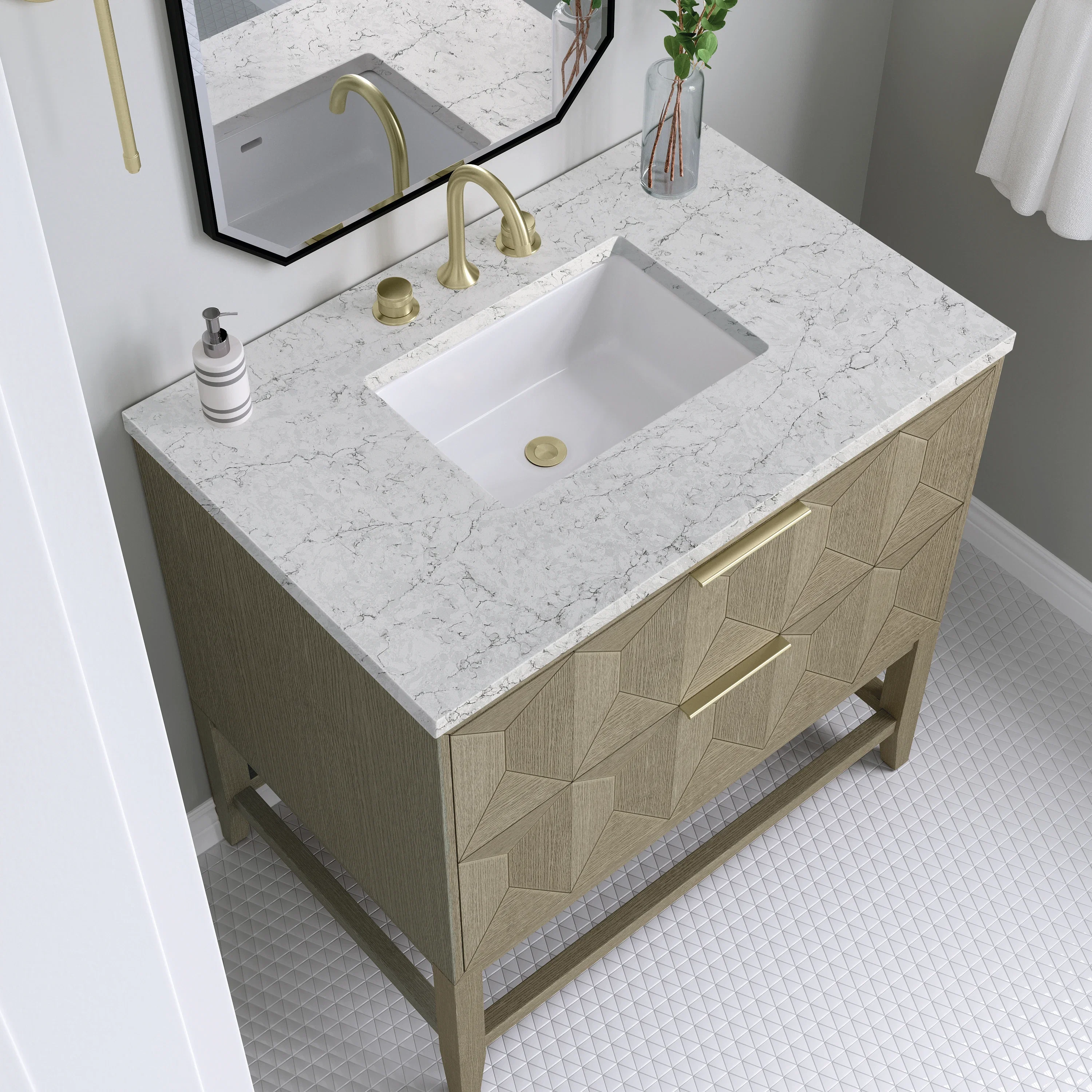 Emmeline 36" Single Vanity, Pebble Oak w/ 3 CM Eternal Jasmine Pearl Top