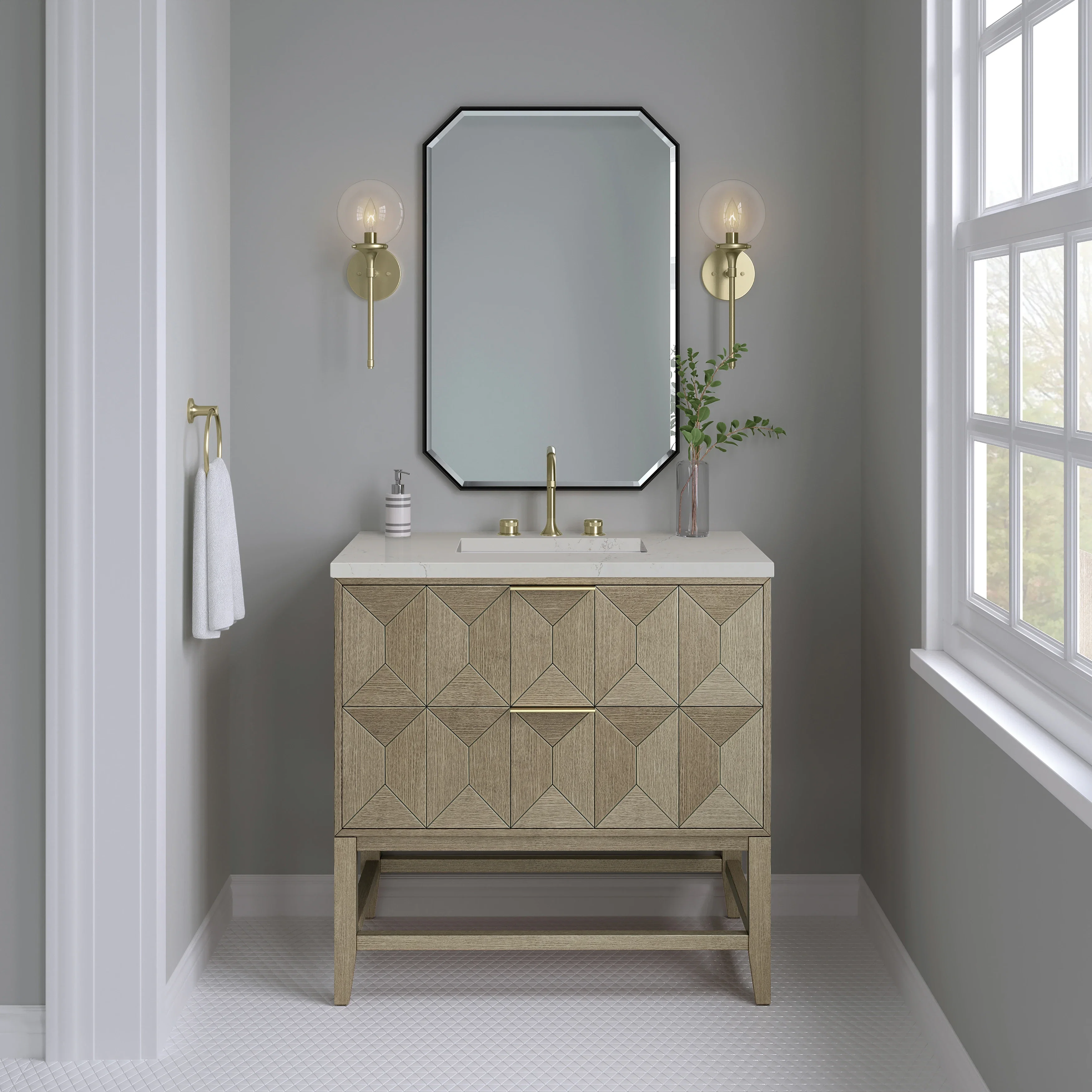 Emmeline 36" Single Vanity, Pebble Oak, w/ 3 CM Siberian Silestone Top